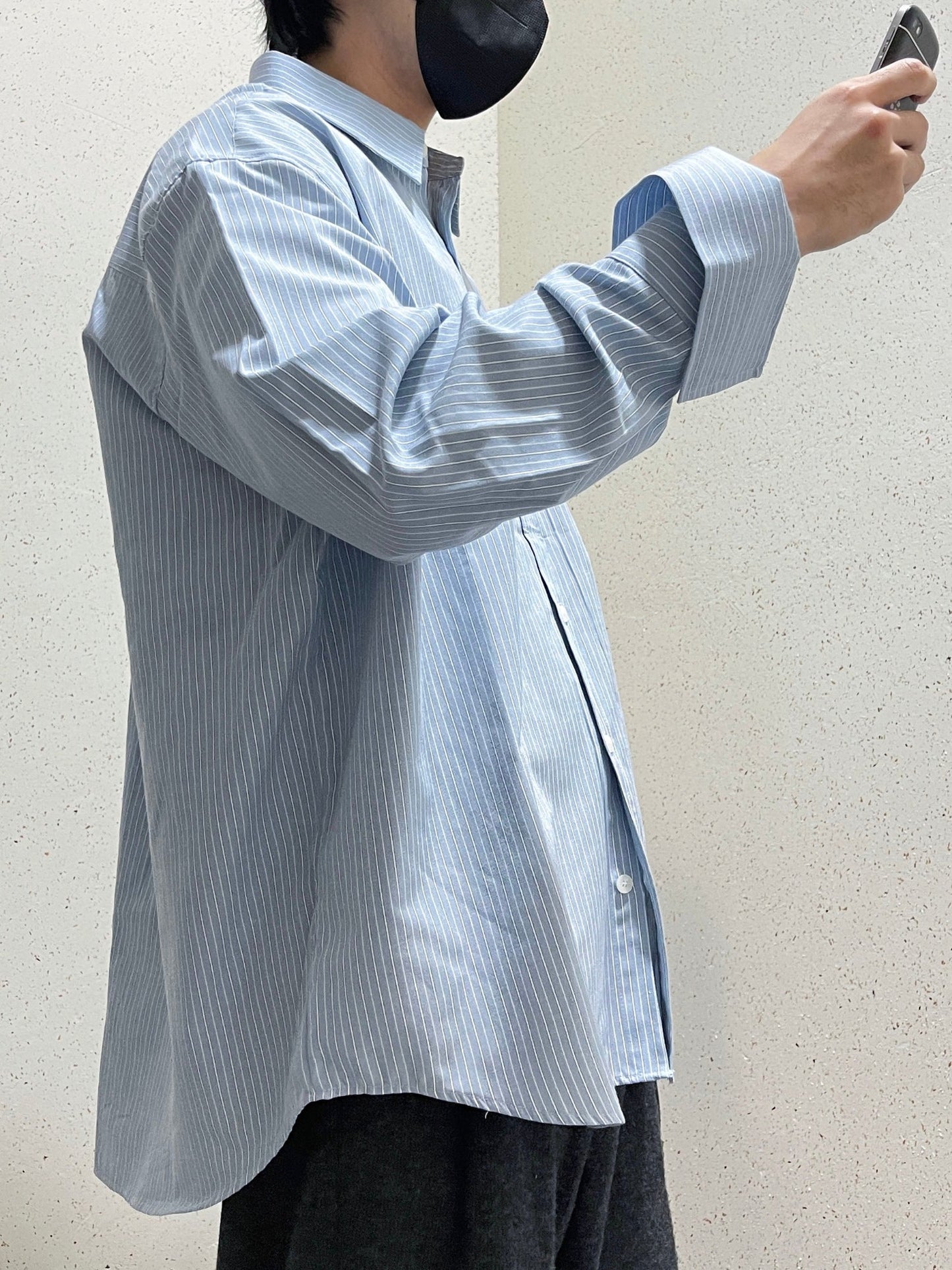 남자오버핏 스트라이프 셔츠 빅사이즈 벌룬핏 긴팔셔츠 소라 Big Cuffs Balloon Stripe Shirts Skyblue