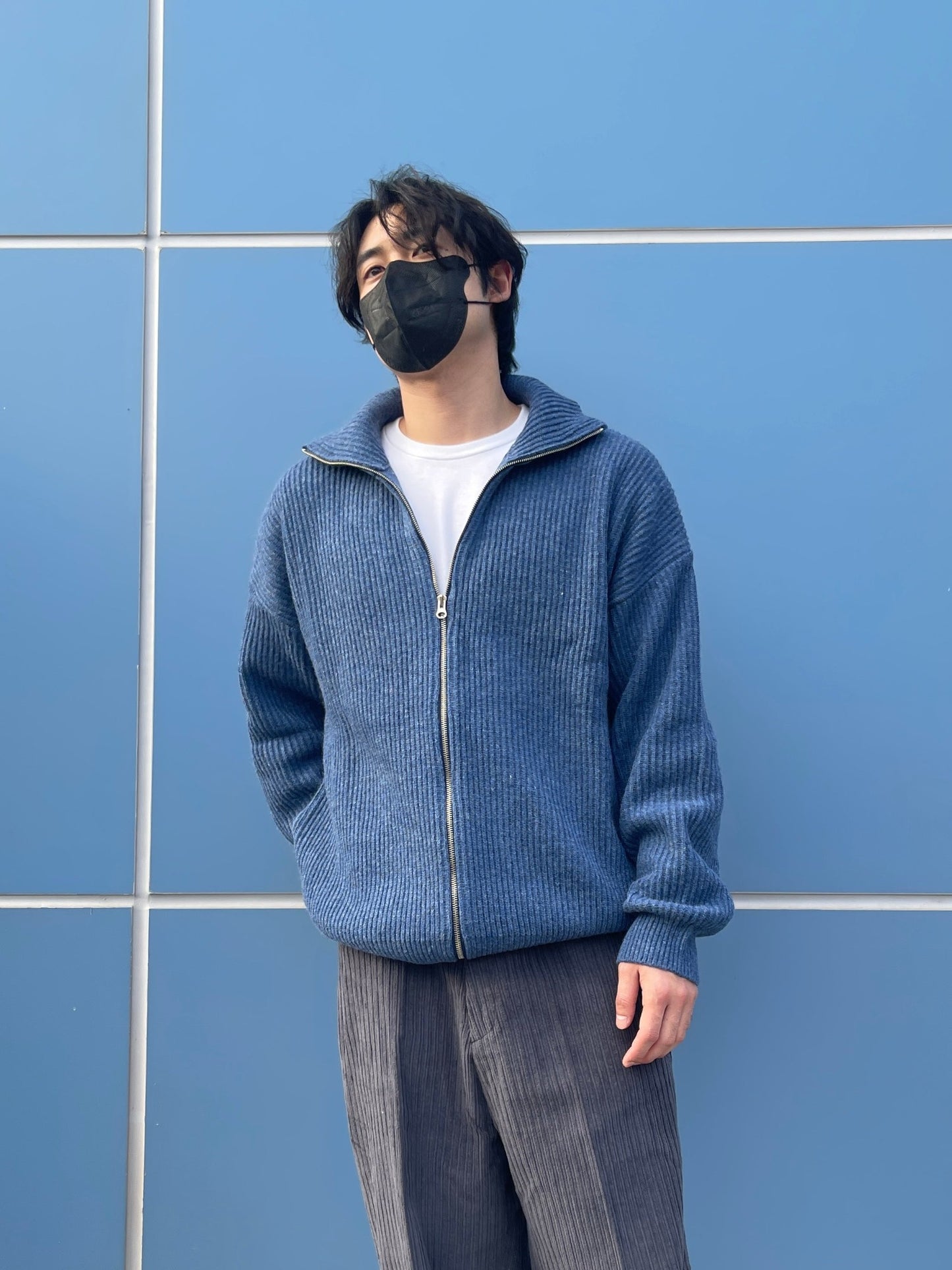 High Neck 2way Zip Up Wool Knit Blue