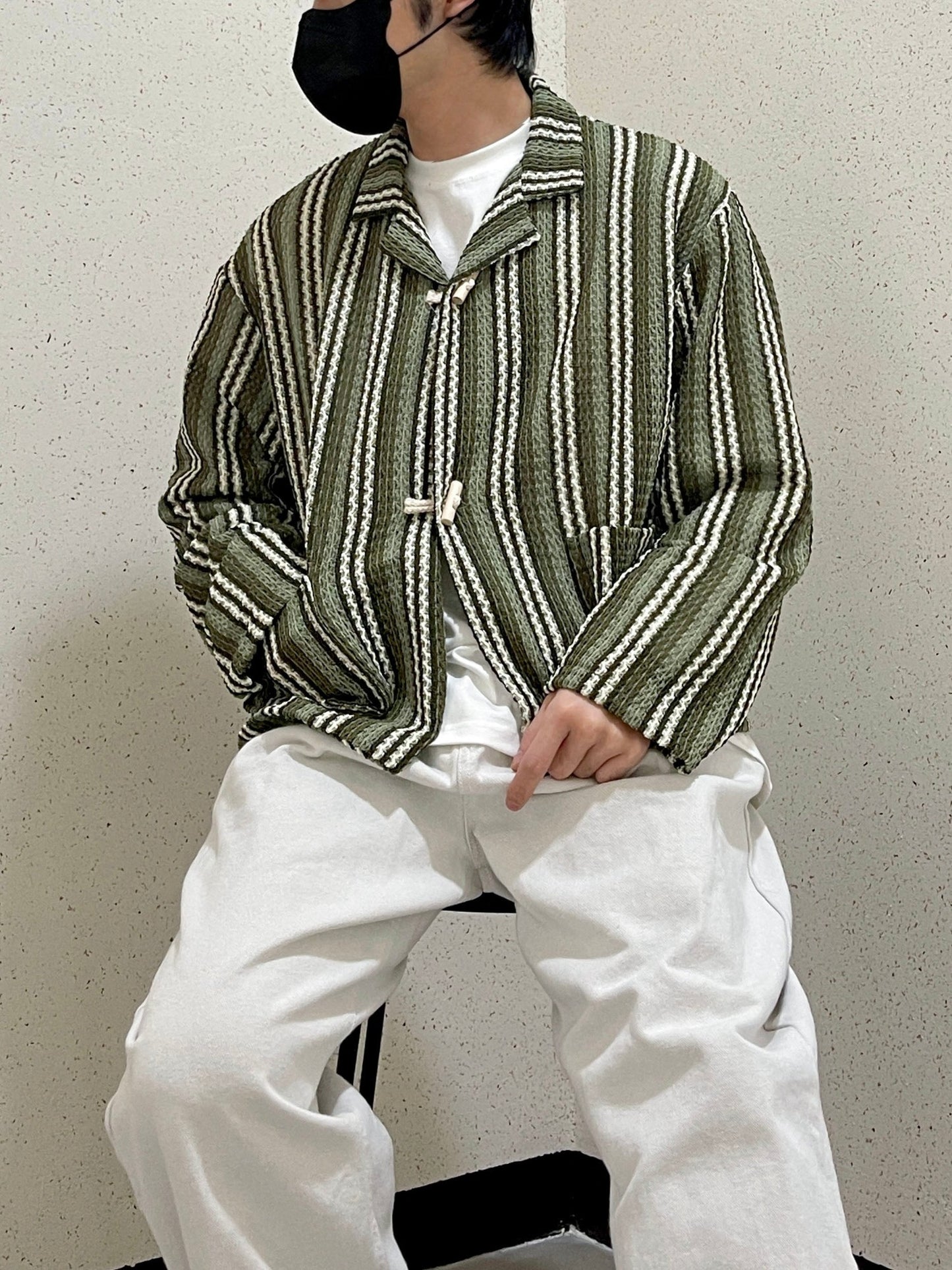 우드 토글 스트라이프 니트 봄 가디건 떡볶이 오버핏 카키 Toggle Stripe Knit Cardigan Khaki