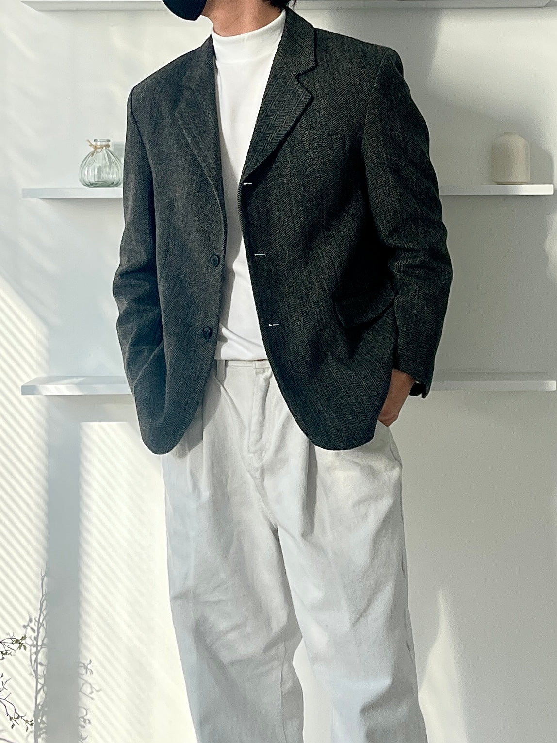 Herringbone 3 Button Casual Blazer Charcoal
