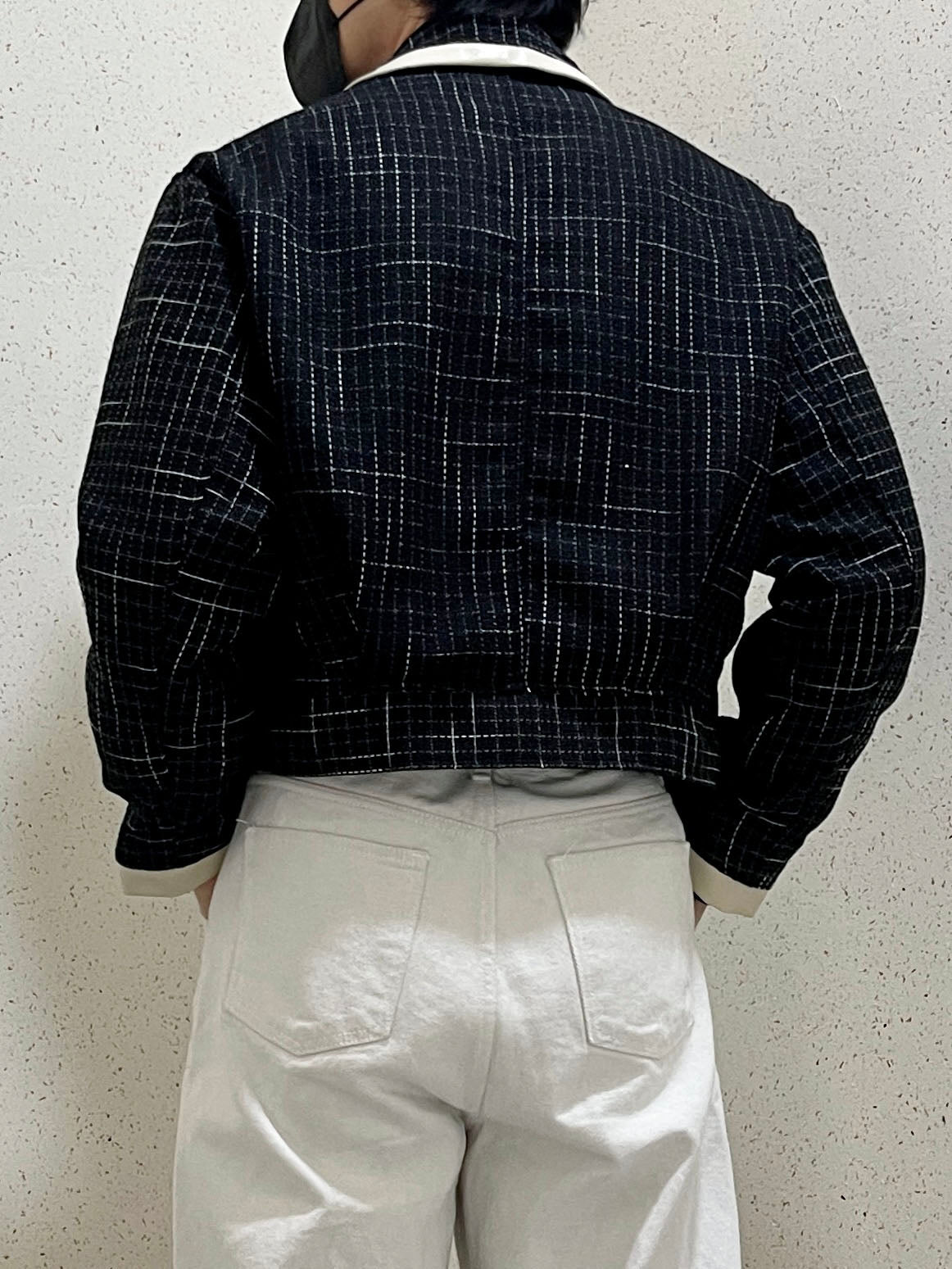 레더 배색 크롭자켓 트위드 숏 자켓 블랙 Leather Coloring Tweed Cropped Jacket Black