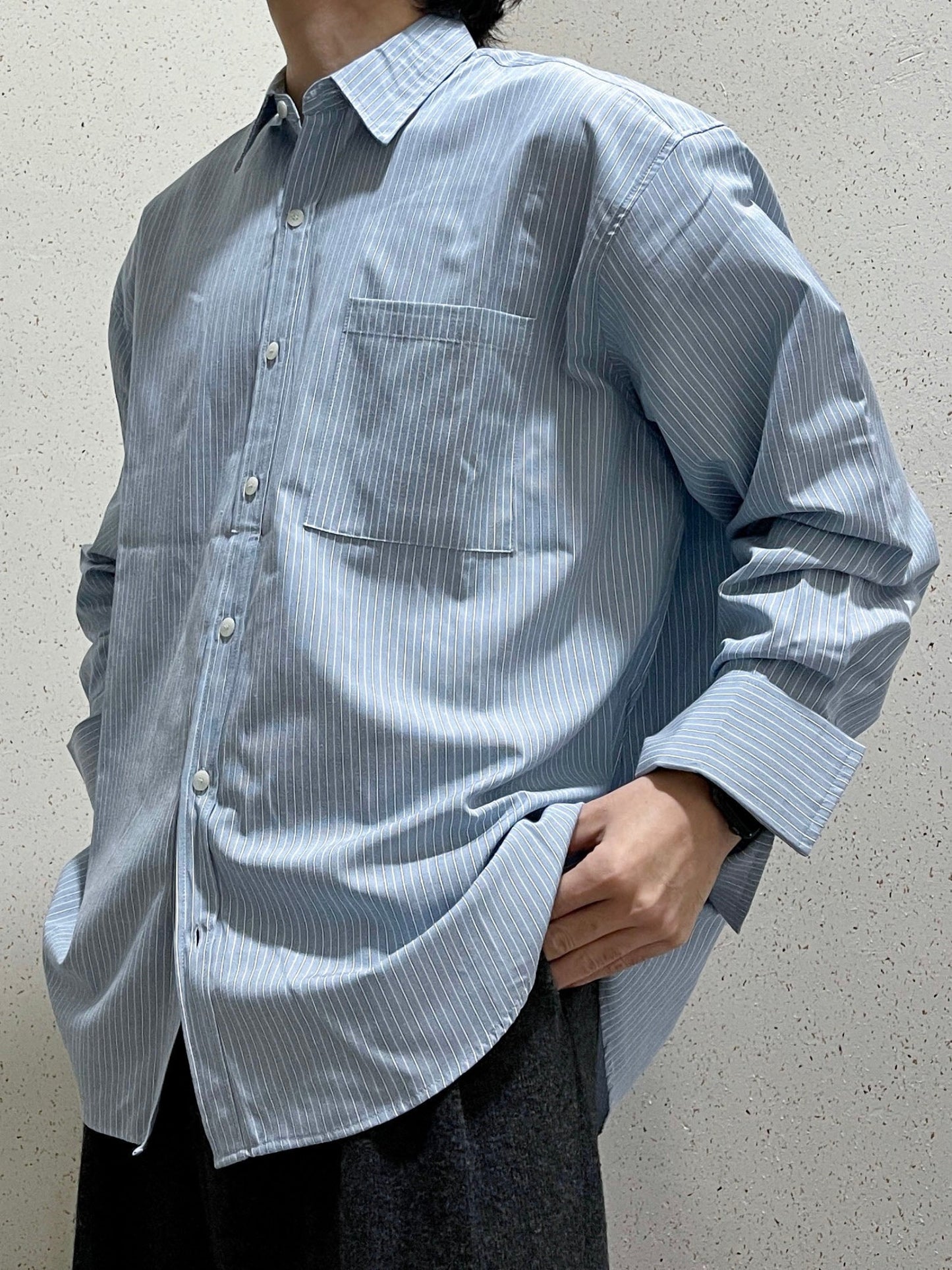 남자오버핏 스트라이프 셔츠 빅사이즈 벌룬핏 긴팔셔츠 소라 Big Cuffs Balloon Stripe Shirts Skyblue