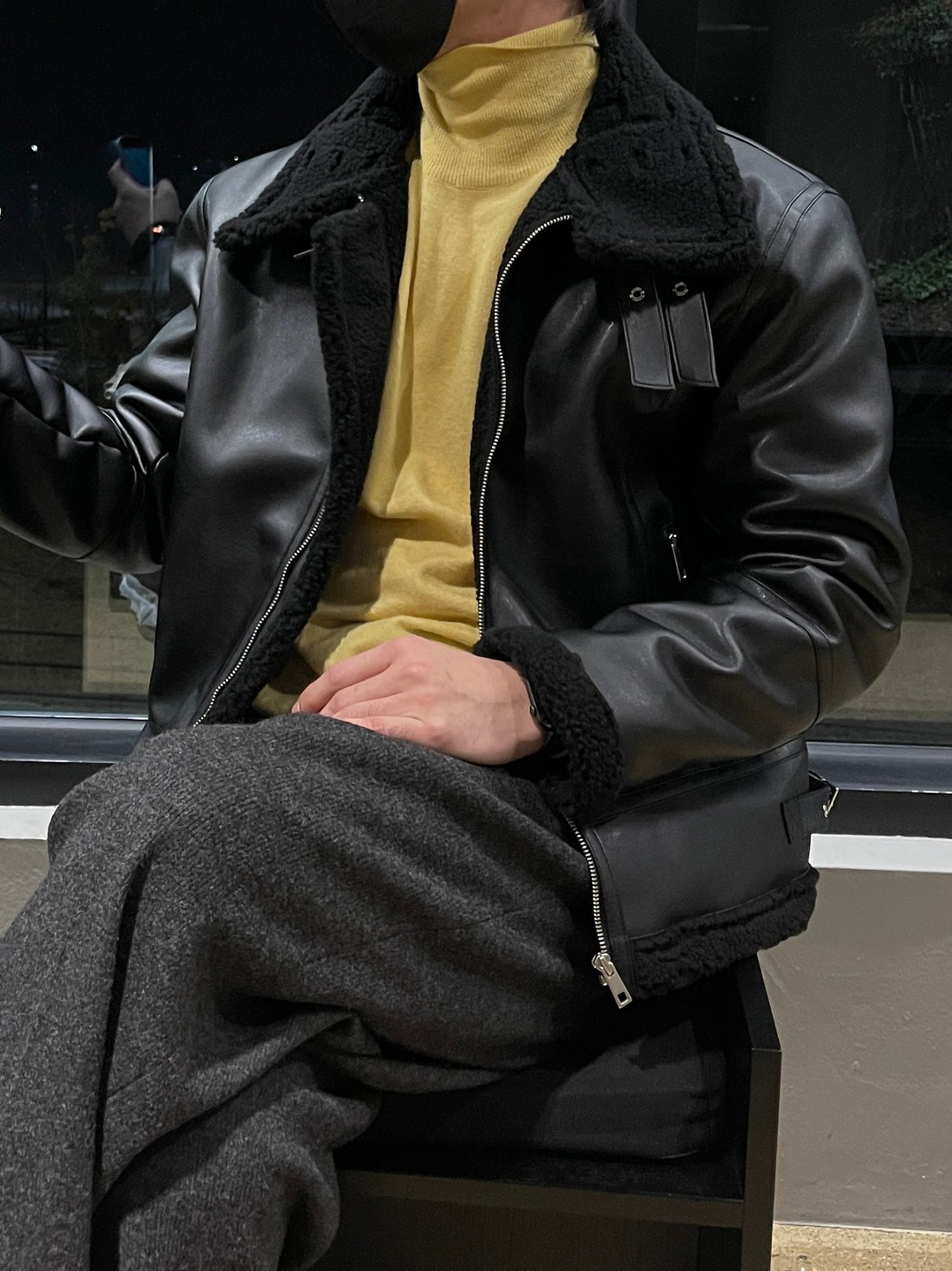 Casual Shearling Jacket Mustang Black