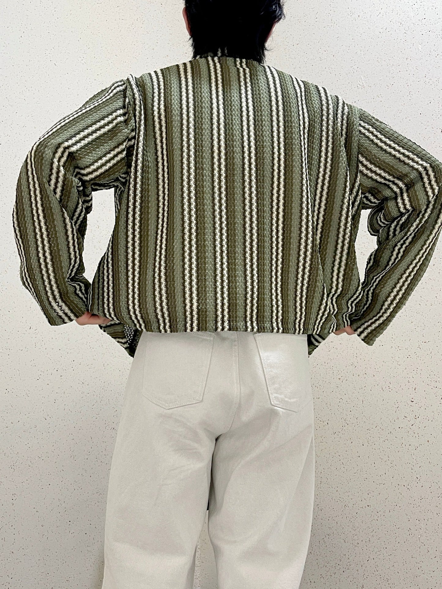 우드 토글 스트라이프 니트 봄 가디건 떡볶이 오버핏 카키 Toggle Stripe Knit Cardigan Khaki