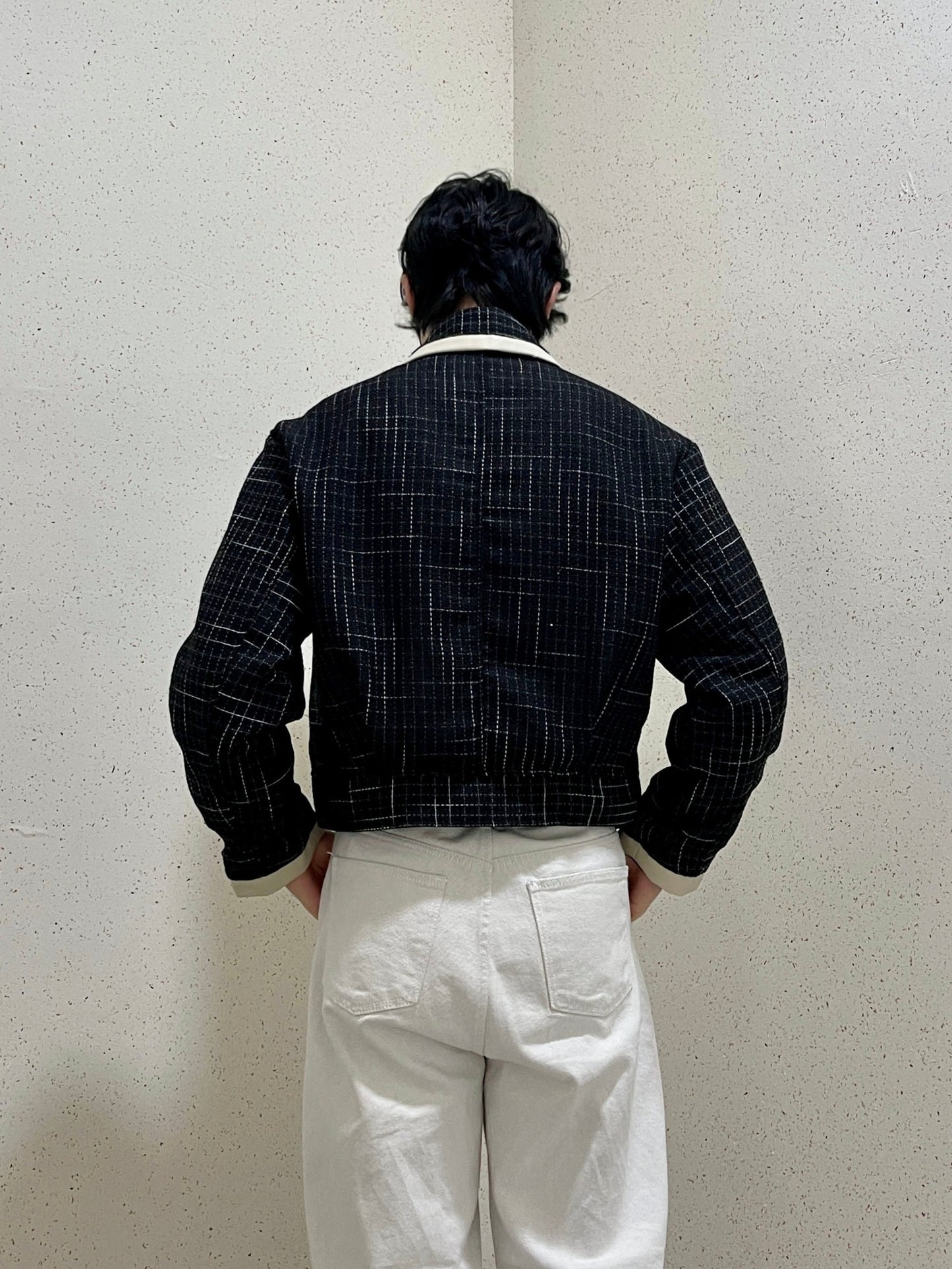 레더 배색 크롭자켓 트위드 숏 자켓 블랙 Leather Coloring Tweed Cropped Jacket Black