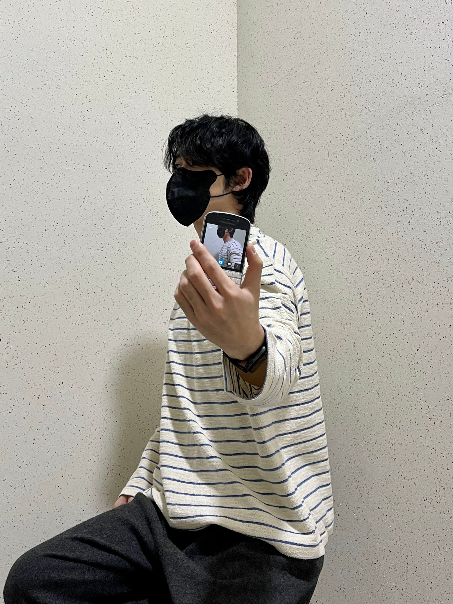 남자 오버핏 버튼 스트라이프 단추 단가라 티셔츠 블루 Button Stripe T-shirt Blue