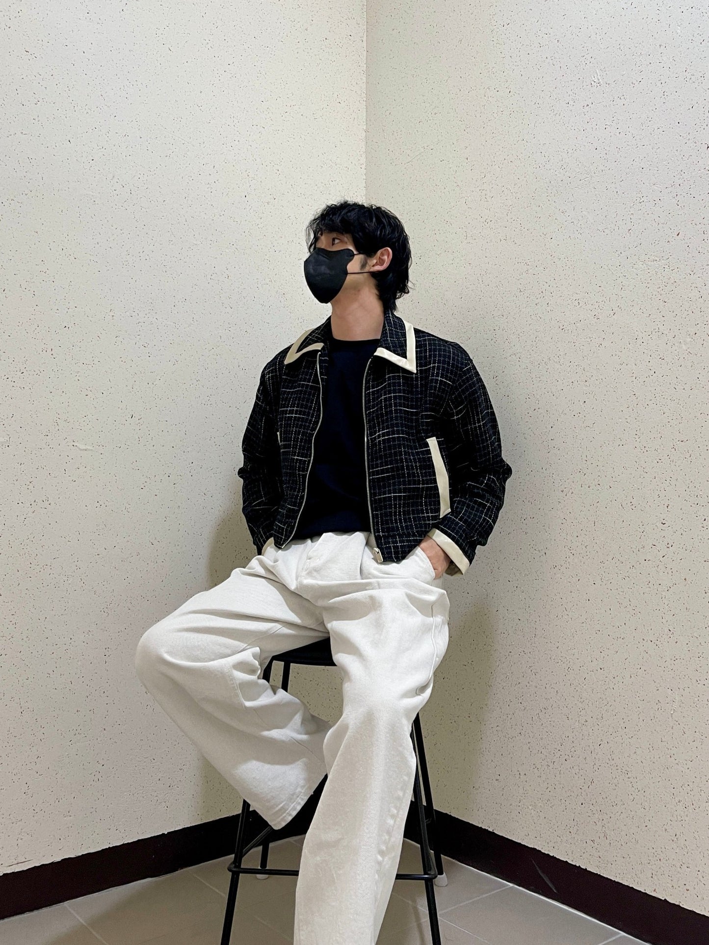 레더 배색 크롭자켓 트위드 숏 자켓 블랙 Leather Coloring Tweed Cropped Jacket Black