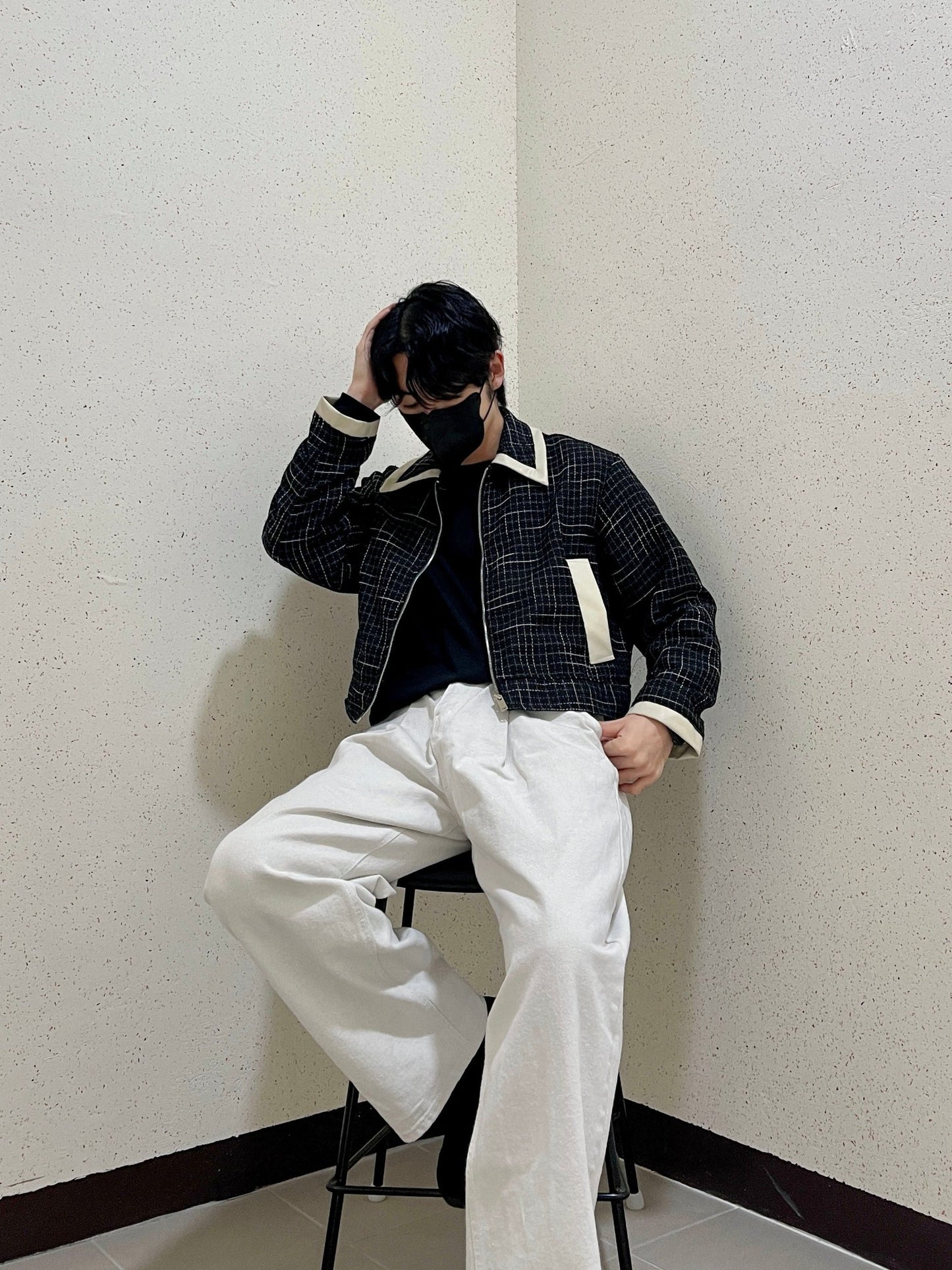 레더 배색 크롭자켓 트위드 숏 자켓 블랙 Leather Coloring Tweed Cropped Jacket Black