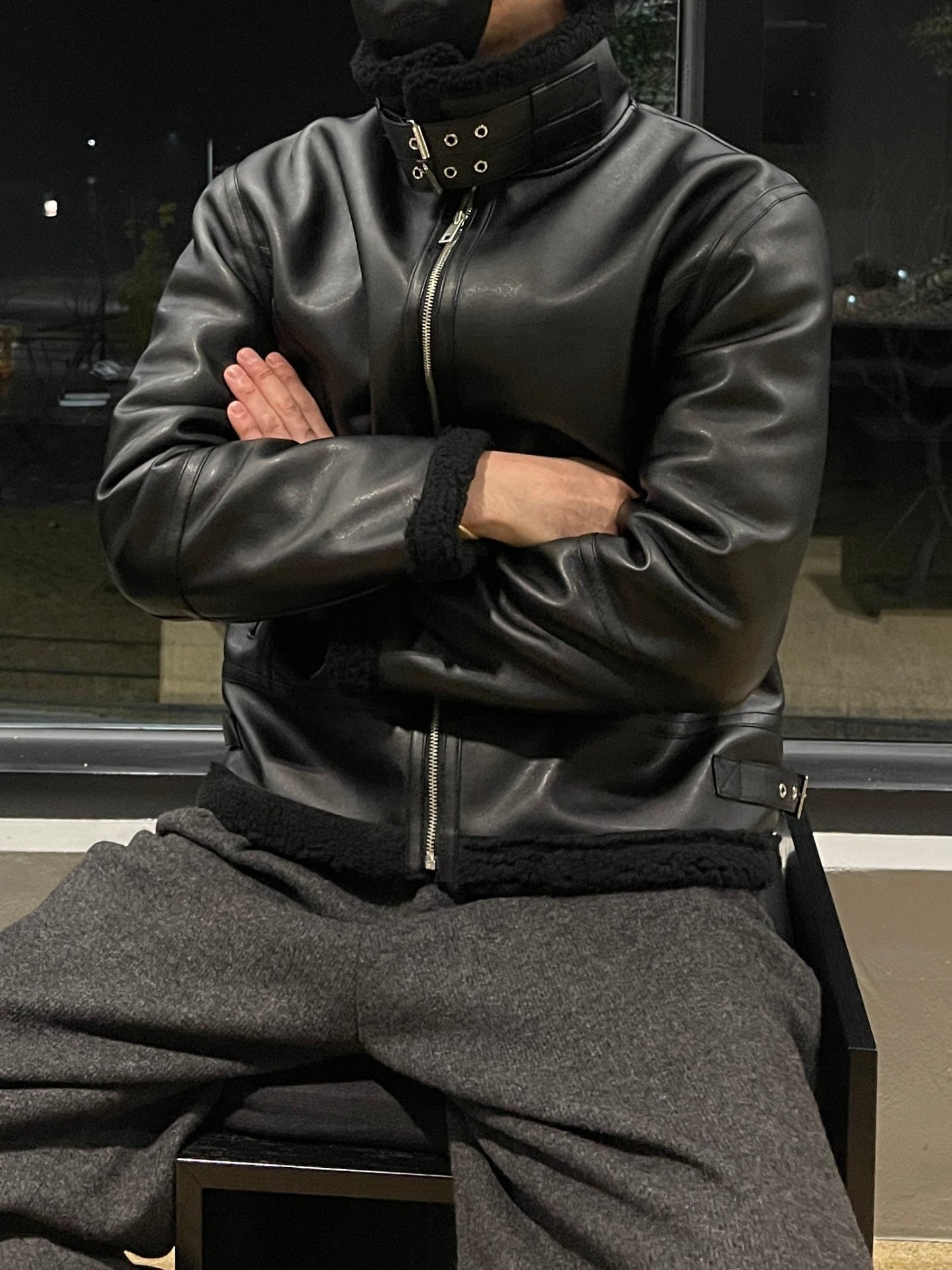 Casual Shearling Jacket Mustang Black