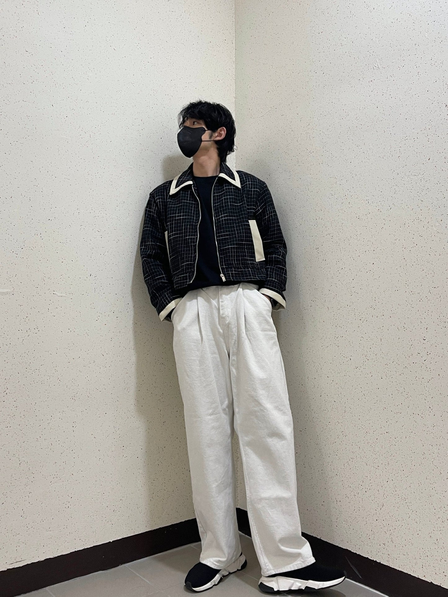 레더 배색 크롭자켓 트위드 숏 자켓 블랙 Leather Coloring Tweed Cropped Jacket Black