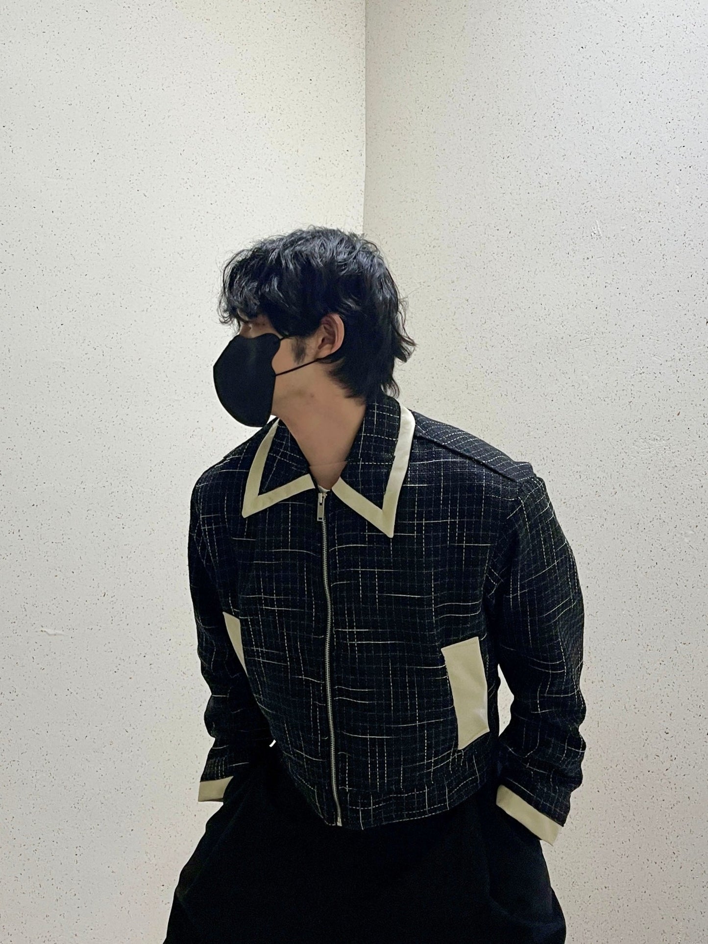 레더 배색 크롭자켓 트위드 숏 자켓 블랙 Leather Coloring Tweed Cropped Jacket Black