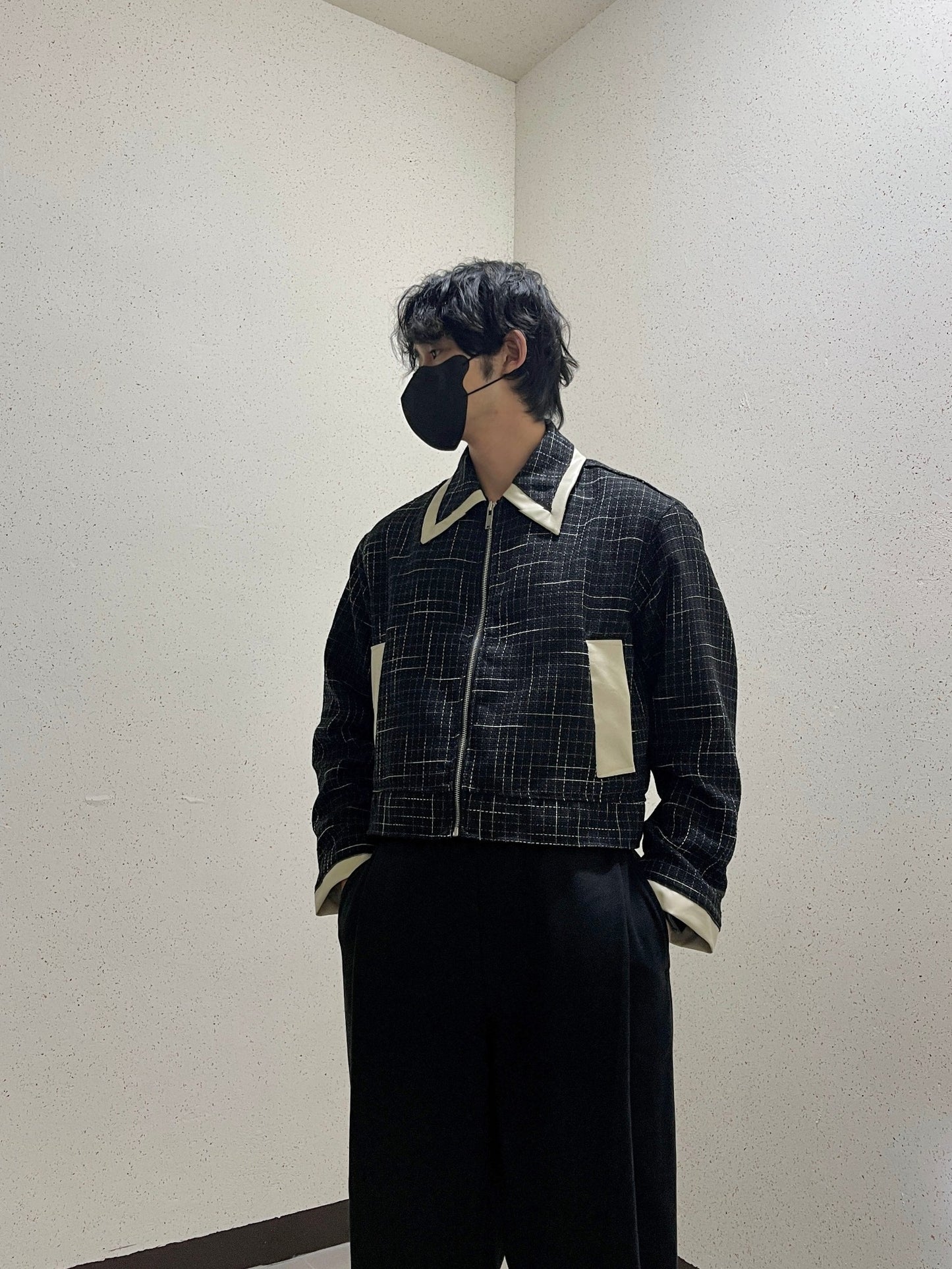 레더 배색 크롭자켓 트위드 숏 자켓 블랙 Leather Coloring Tweed Cropped Jacket Black