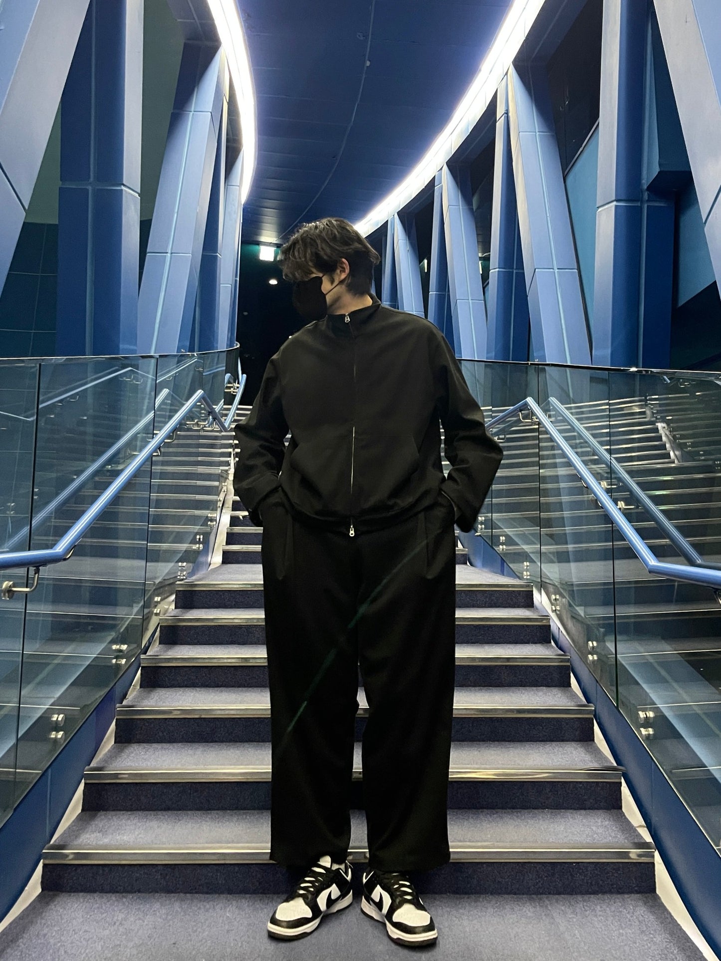 Woven Fleece Jacket Wide Pants Setup Black