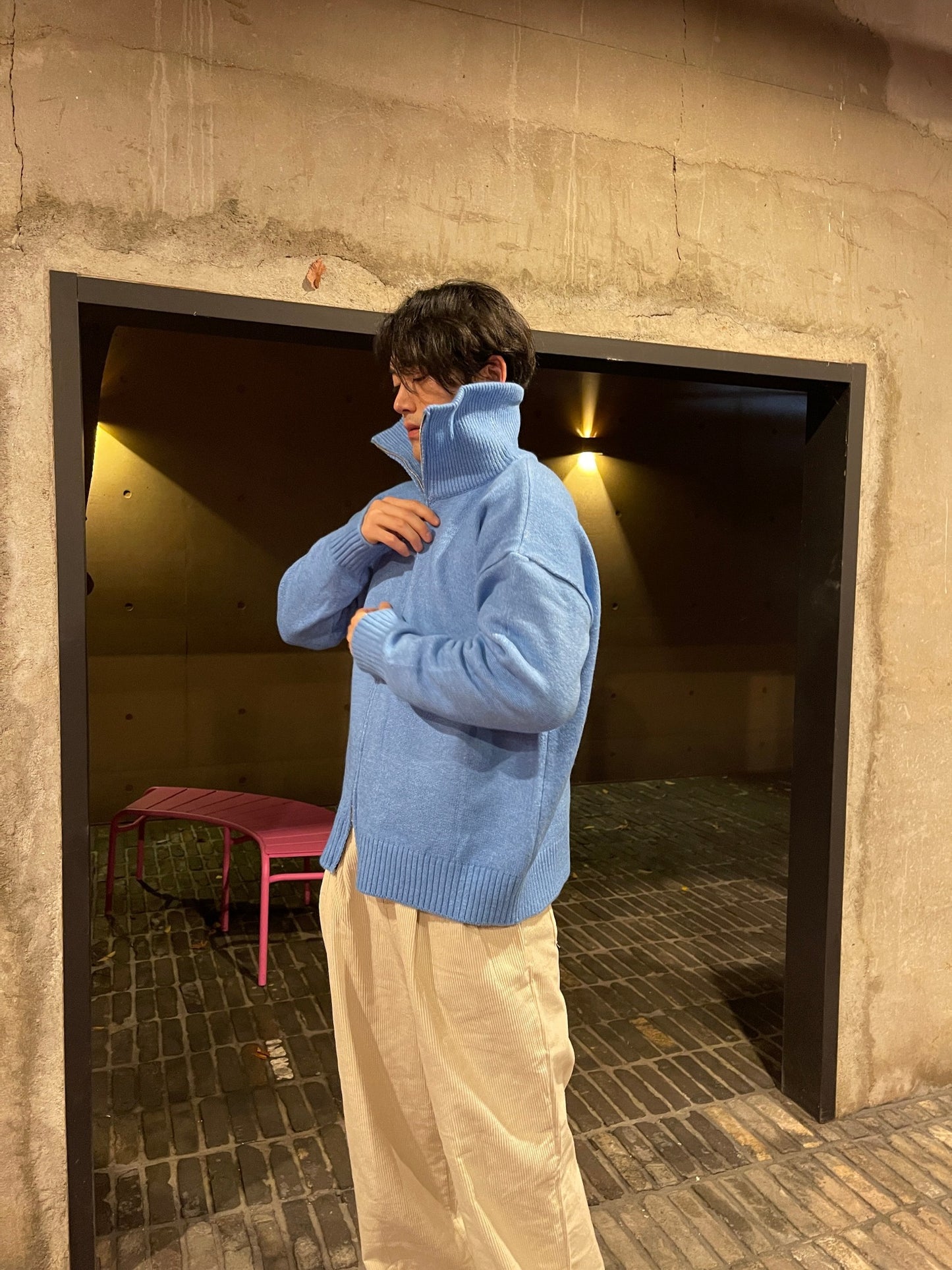 Turtleneck Knit 2way Zipup Skyblue