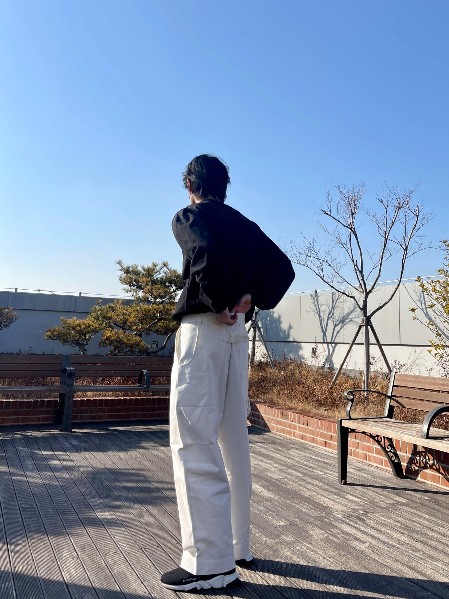 백 버클 퍼티그 와이드 팬츠 유니크 와이드바지 화이트 Back Buckle Fatigue Wide Pants White