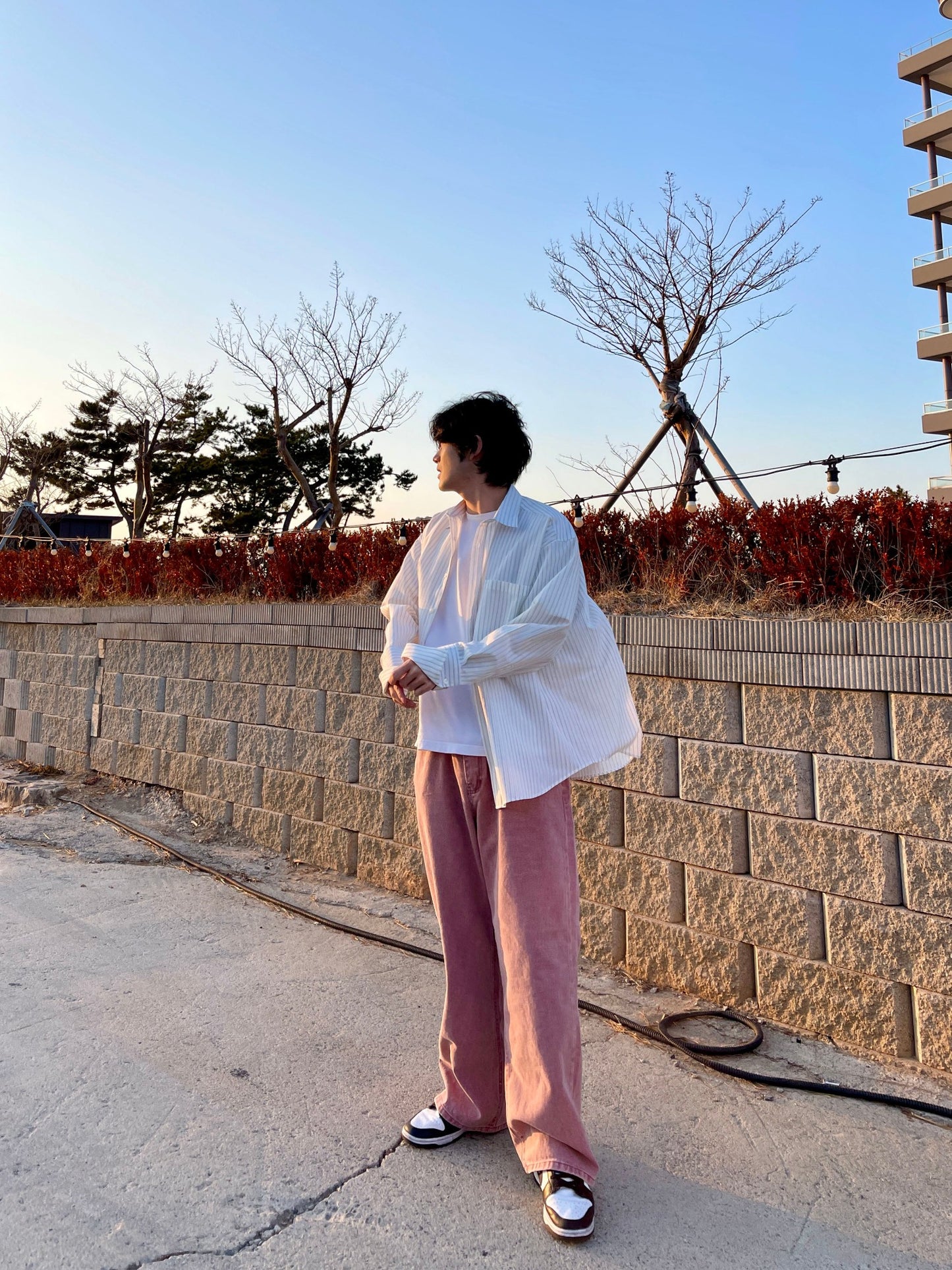 남자오버핏 스트라이프 셔츠 빅사이즈 벌룬핏 긴팔셔츠 화이트 Big Cuffs Balloon Stripe Shirts White
