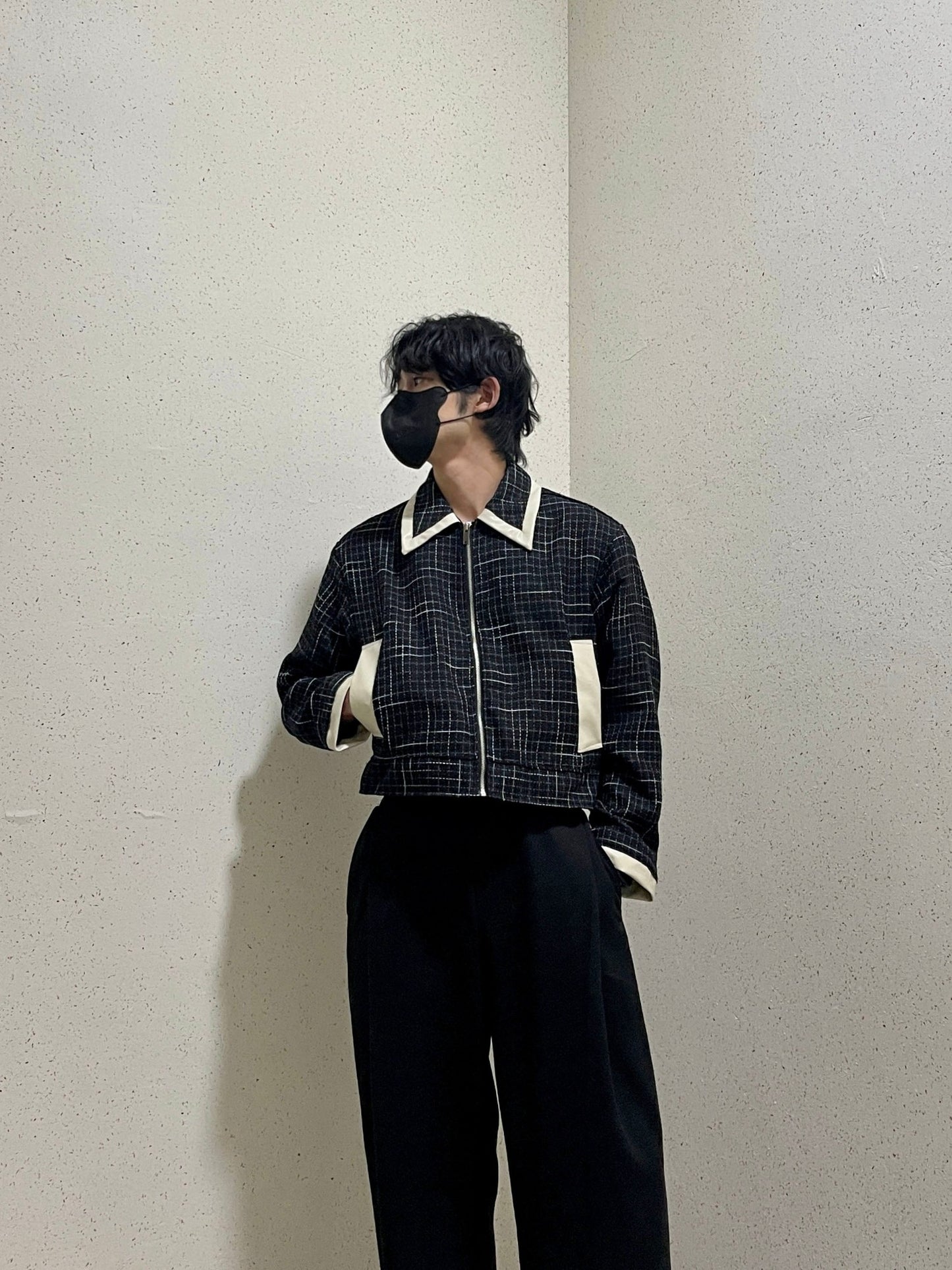 레더 배색 크롭자켓 트위드 숏 자켓 블랙 Leather Coloring Tweed Cropped Jacket Black