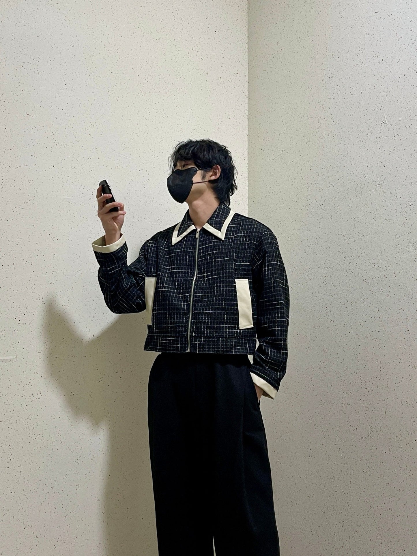 레더 배색 크롭자켓 트위드 숏 자켓 블랙 Leather Coloring Tweed Cropped Jacket Black