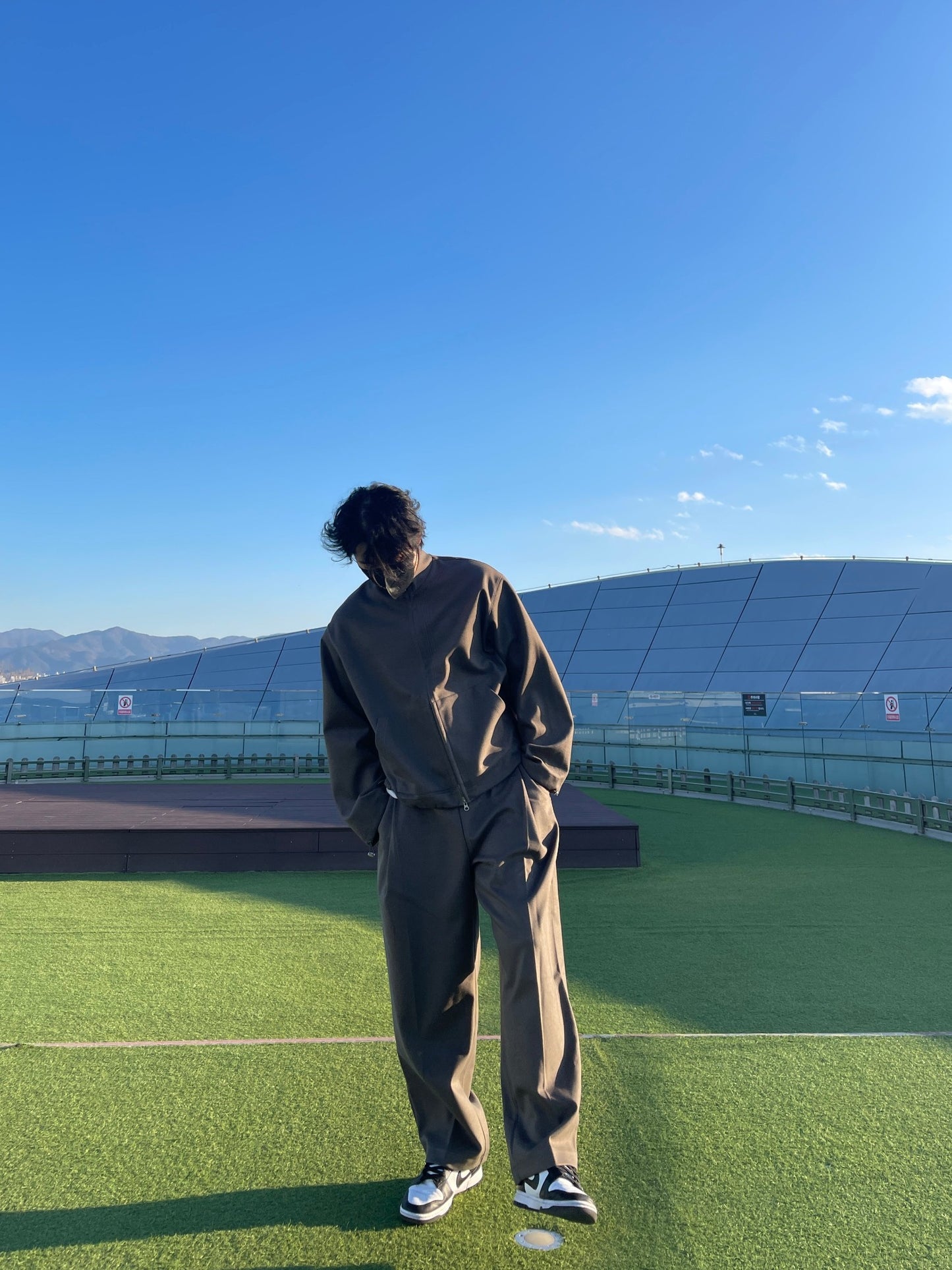 Woven Fleece Jacket Wide Pants Setup Khaki brown
