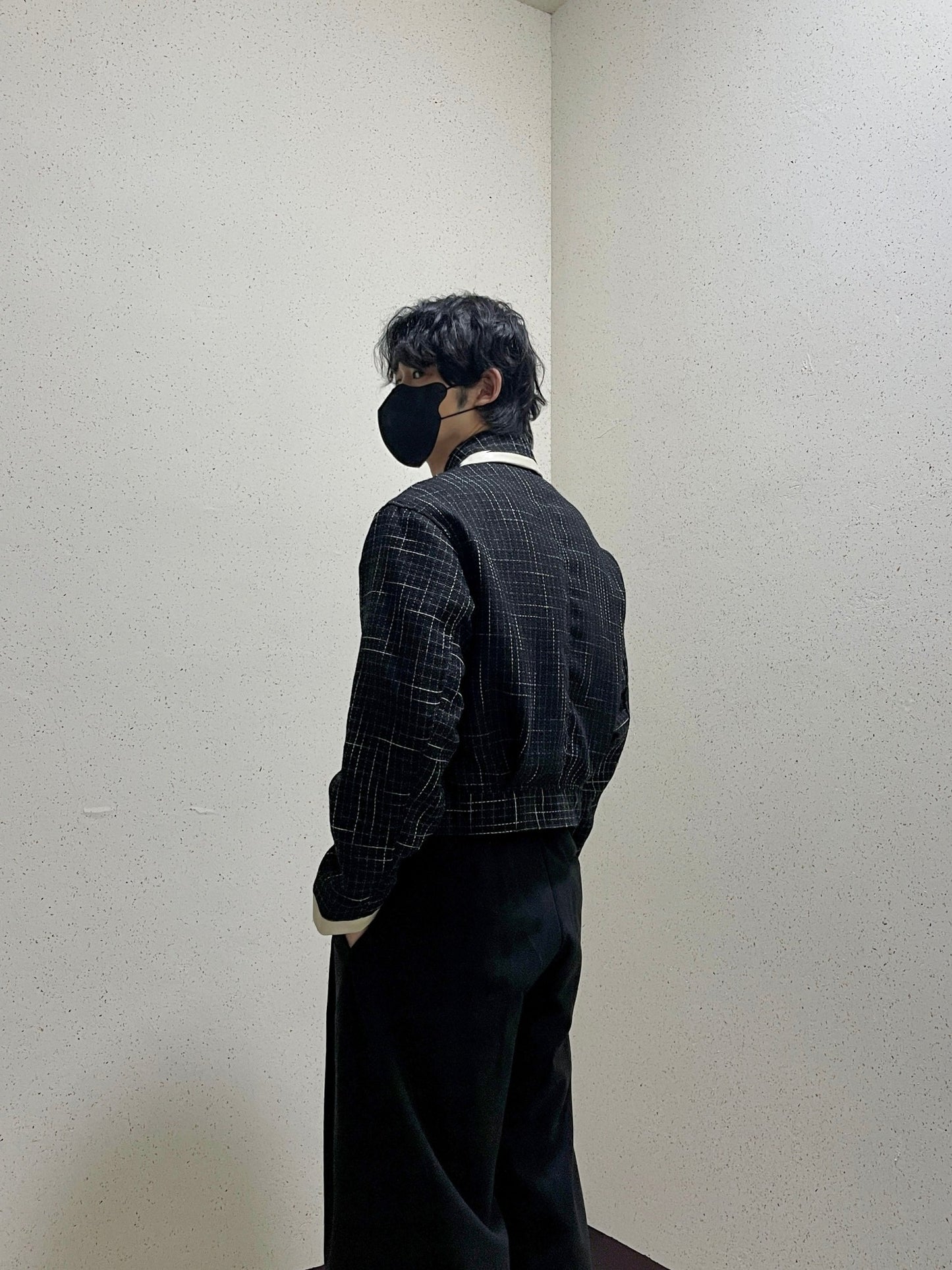 레더 배색 크롭자켓 트위드 숏 자켓 블랙 Leather Coloring Tweed Cropped Jacket Black