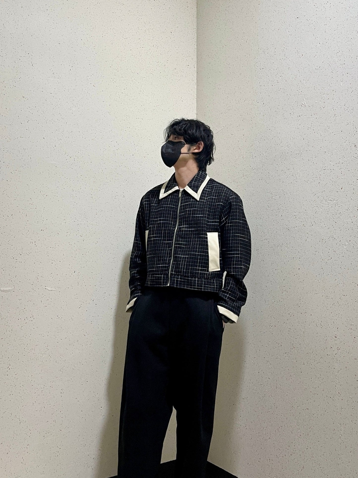 레더 배색 크롭자켓 트위드 숏 자켓 블랙 Leather Coloring Tweed Cropped Jacket Black