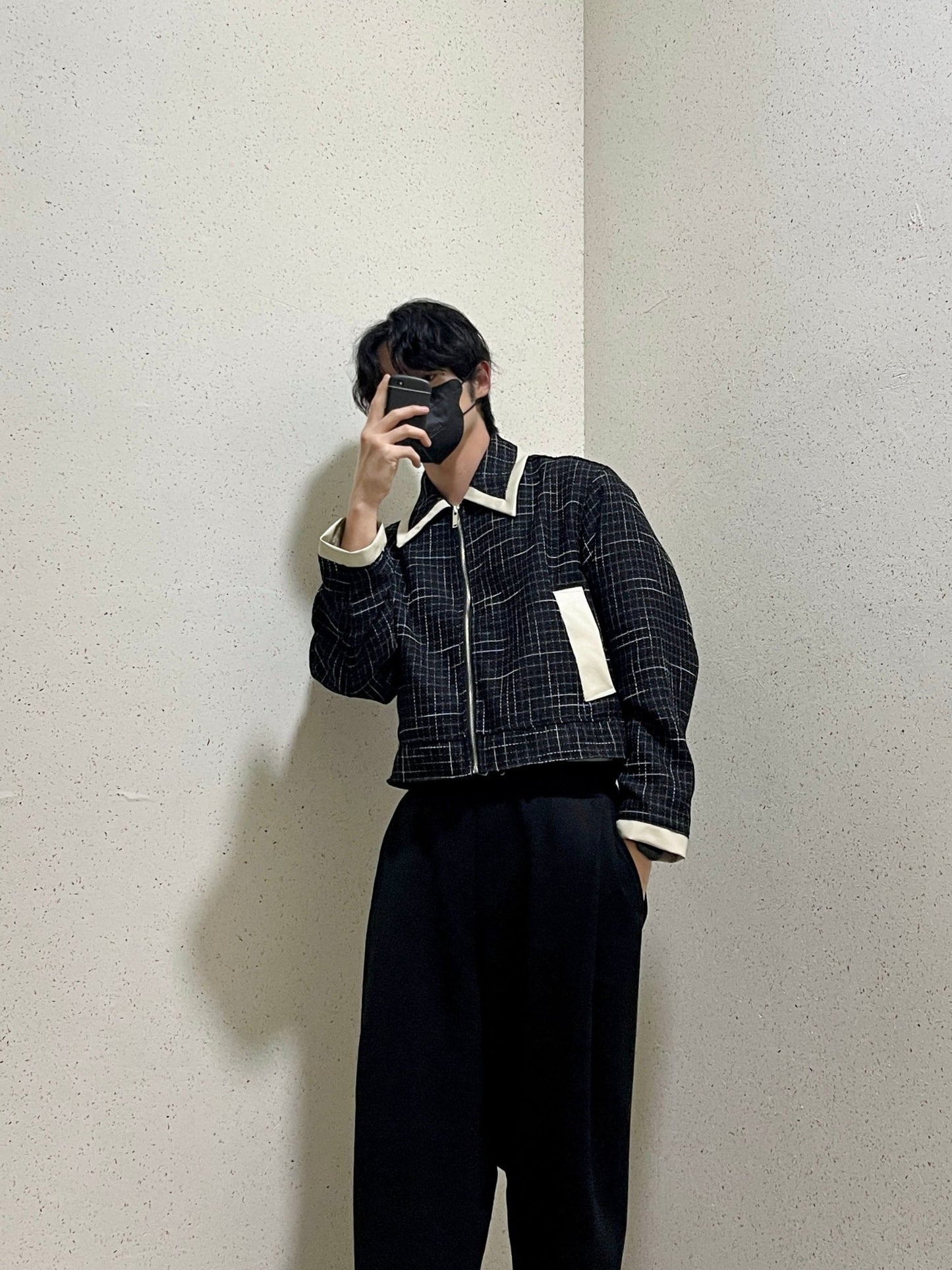 레더 배색 크롭자켓 트위드 숏 자켓 블랙 Leather Coloring Tweed Cropped Jacket Black
