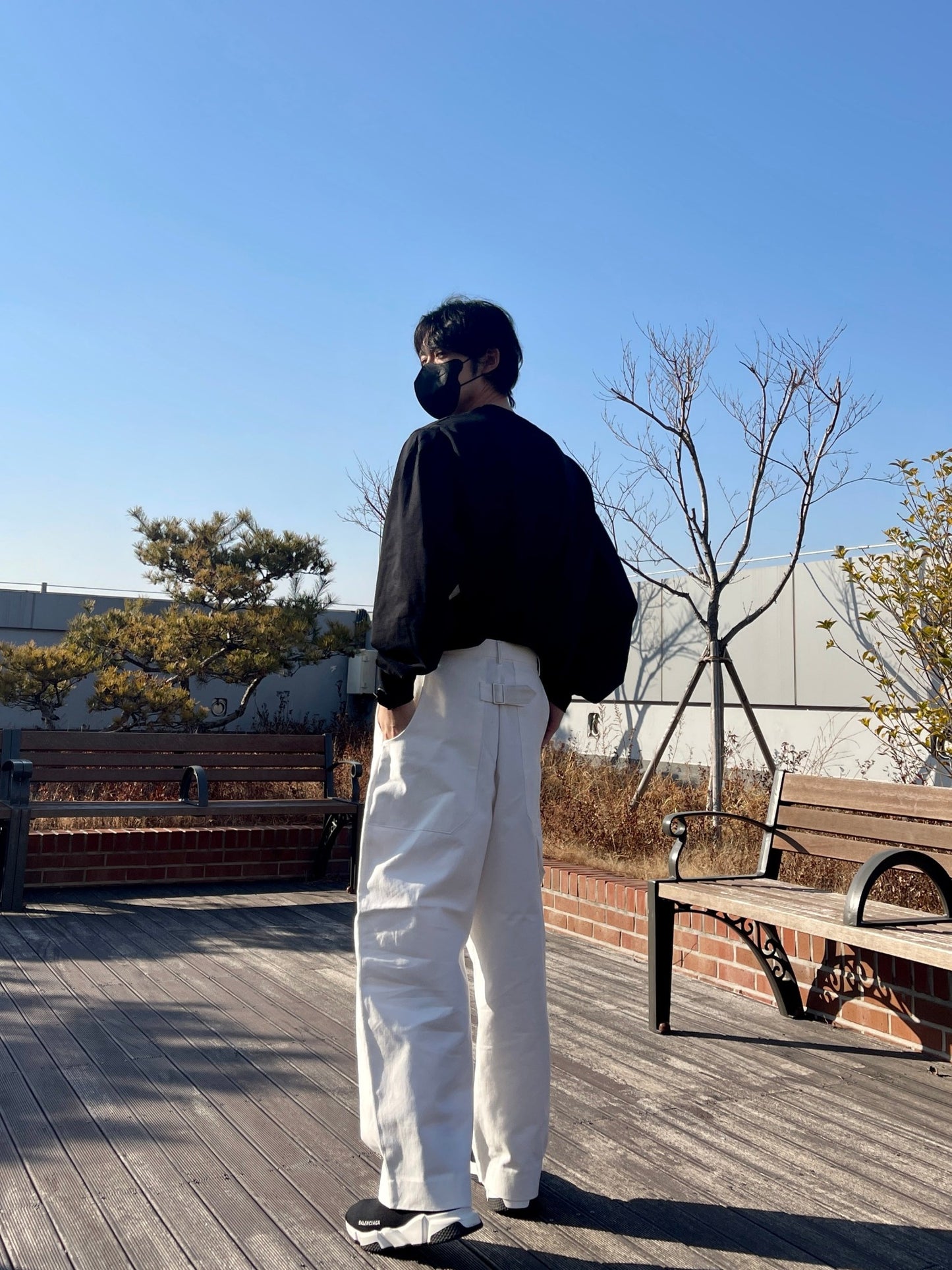 백 버클 퍼티그 와이드 팬츠 유니크 와이드바지 화이트 Back Buckle Fatigue Wide Pants White