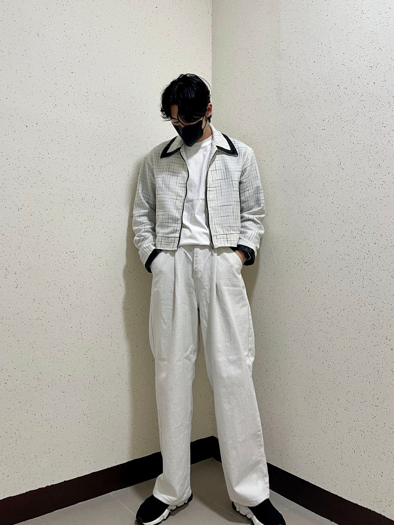 레더 배색 크롭자켓 트위드 숏 자켓 아이보리 Leather Coloring Tweed Cropped Jacket Ivory