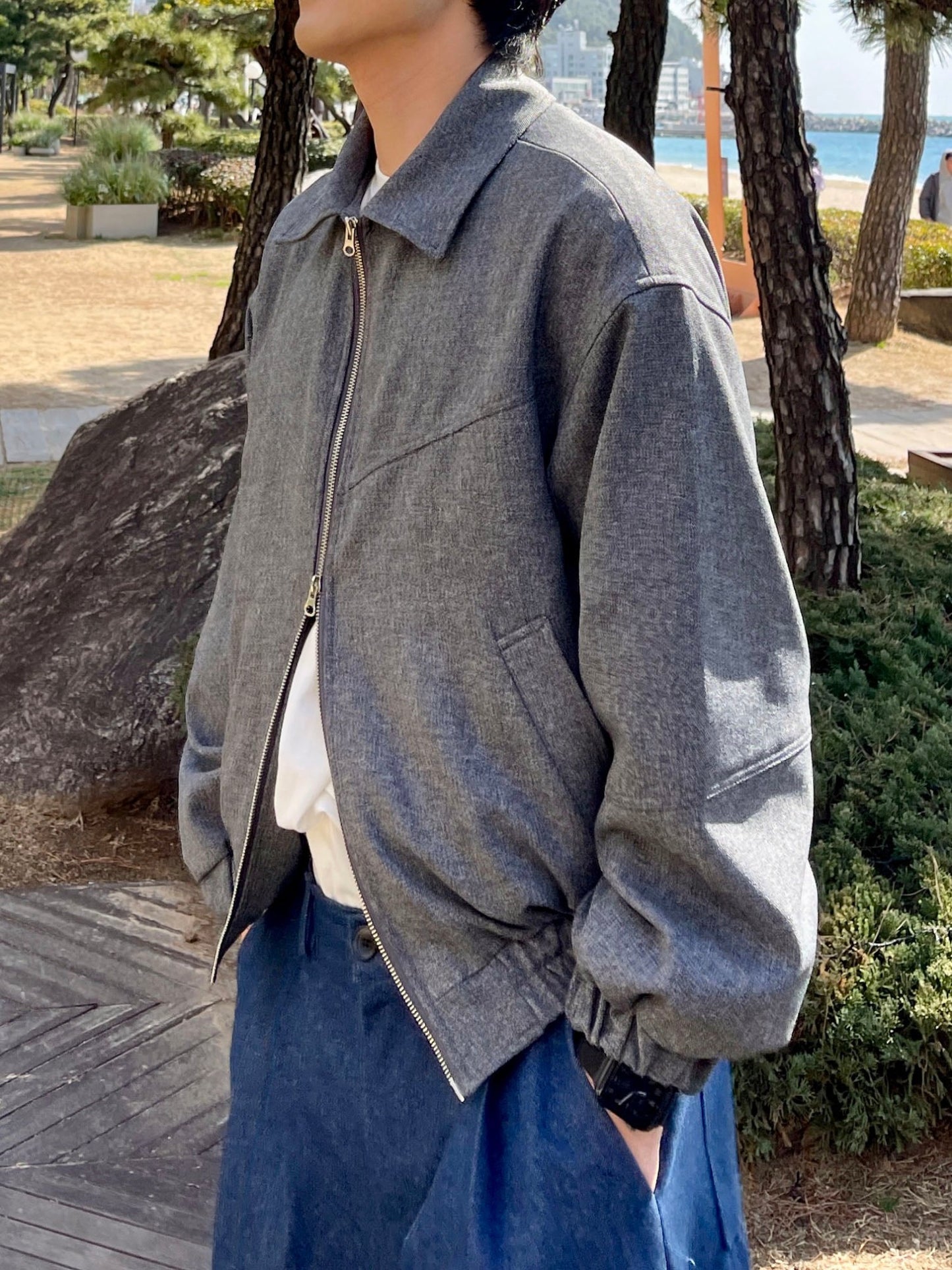 남자숏자켓 오버핏 크롭 봄재킷 미니멀룩 다크그레이 Balloon Crop Jacket darkgrey