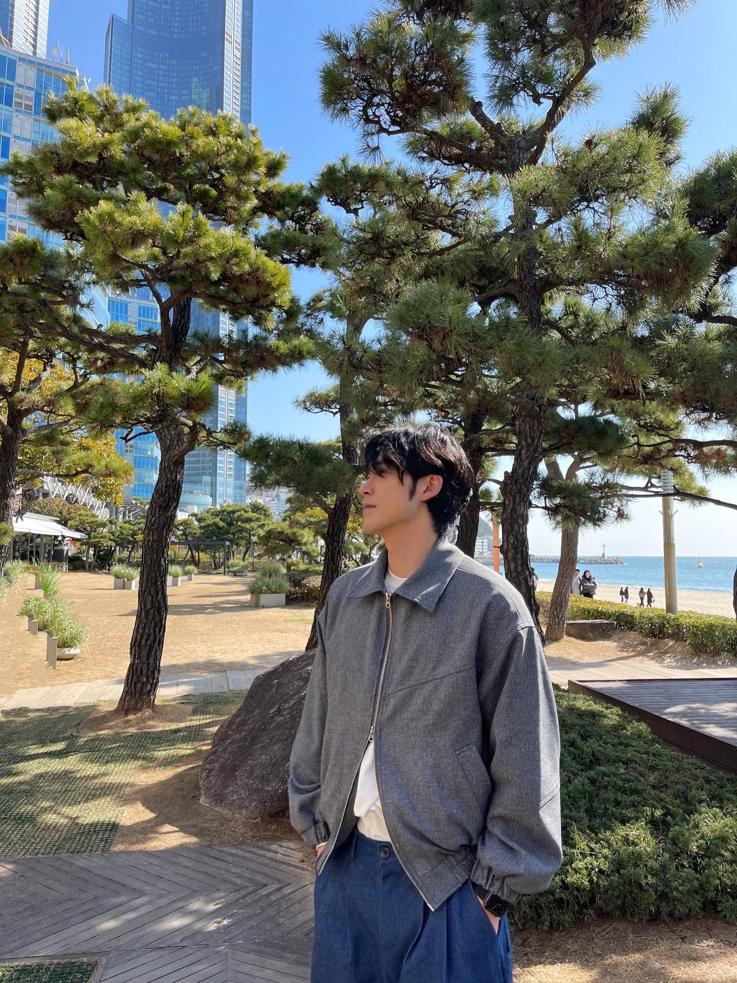 남자숏자켓 오버핏 크롭 봄재킷 미니멀룩 다크그레이 Balloon Crop Jacket darkgrey