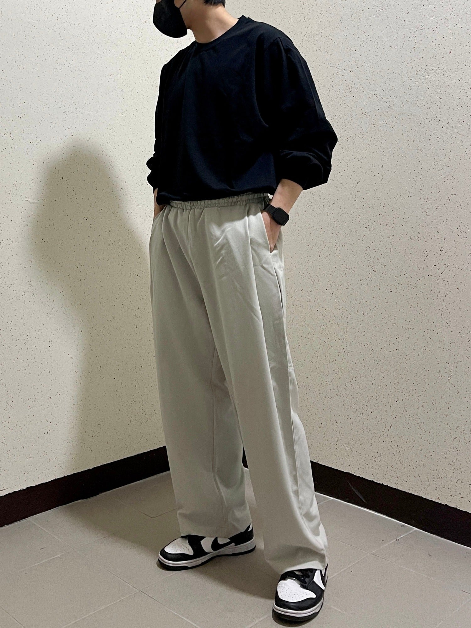 남자와이드슬랙스 허리밴딩 핀턱 커플바지 미니멀룩 아이보리 Pintuck Flow Slacks ivory