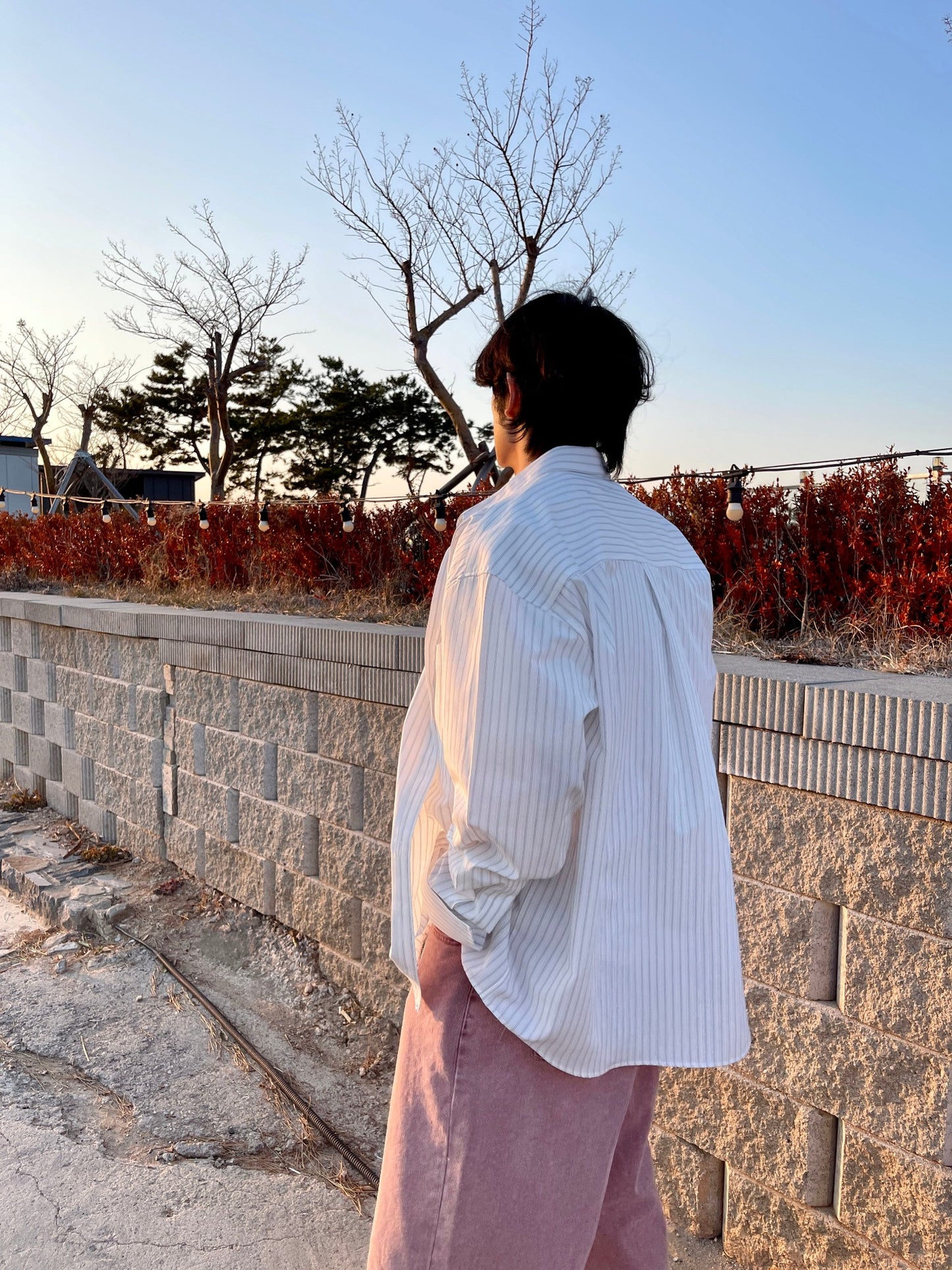 남자오버핏 스트라이프 셔츠 빅사이즈 벌룬핏 긴팔셔츠 화이트 Big Cuffs Balloon Stripe Shirts White