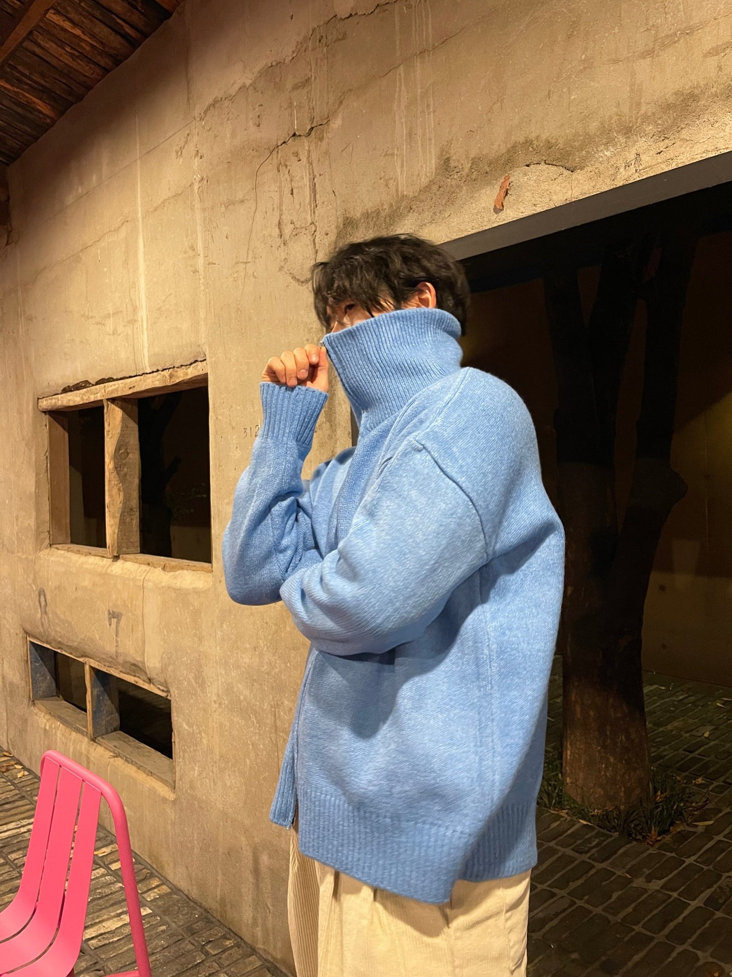 Turtleneck Knit 2way Zipup Skyblue
