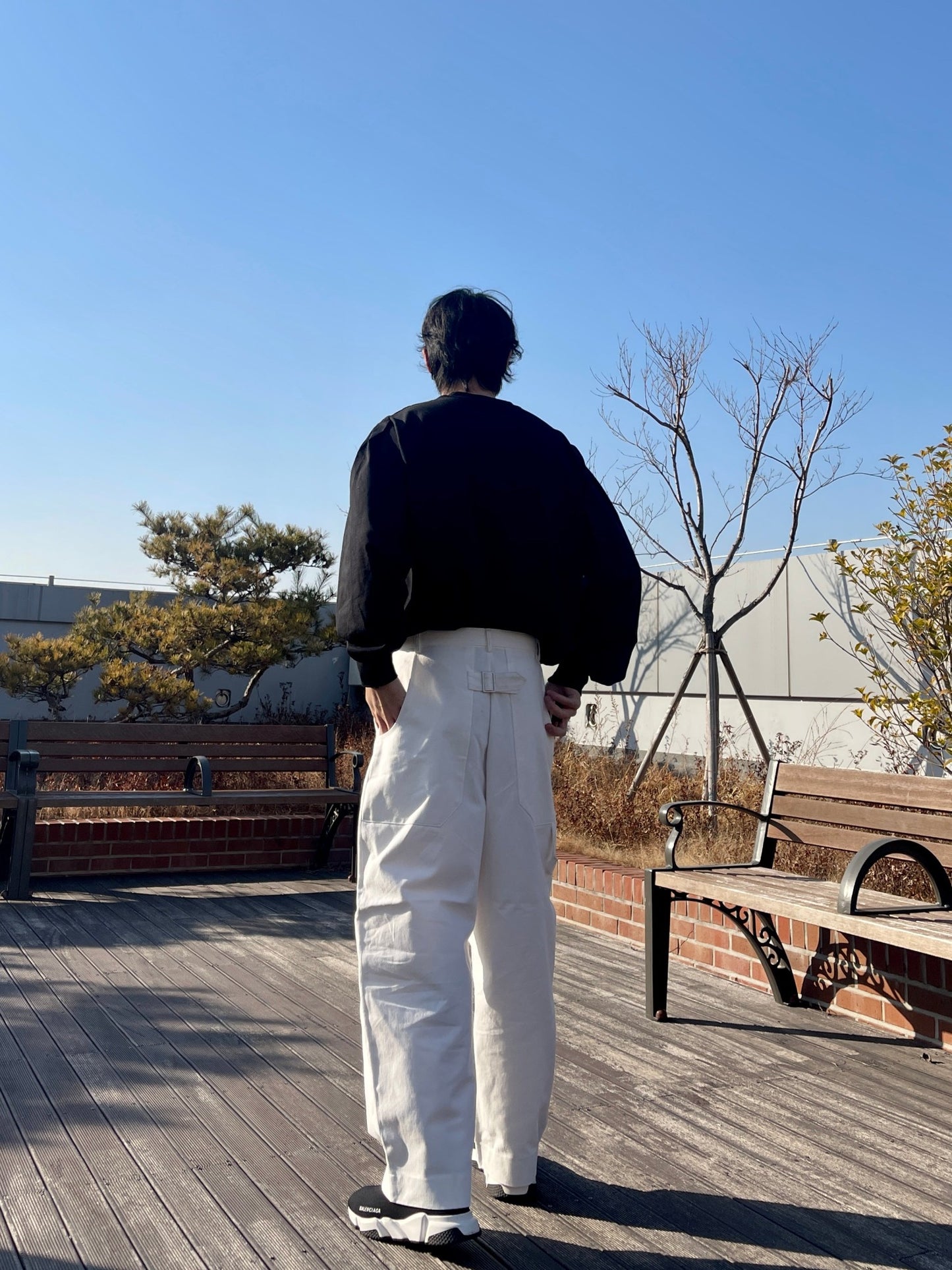 백 버클 퍼티그 와이드 팬츠 유니크 와이드바지 화이트 Back Buckle Fatigue Wide Pants White