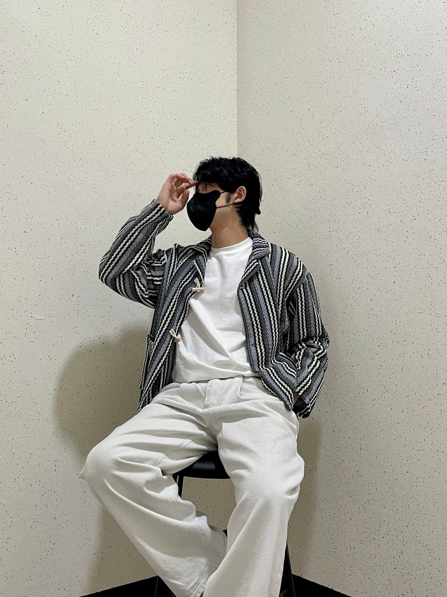 우드 토글 스트라이프 니트 봄 가디건 떡볶이 오버핏 블랙 Toggle Stripe Knit Cardigan Black