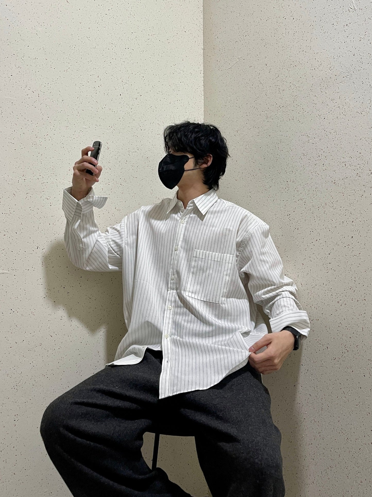 남자오버핏 스트라이프 셔츠 빅사이즈 벌룬핏 긴팔셔츠 화이트 Big Cuffs Balloon Stripe Shirts White