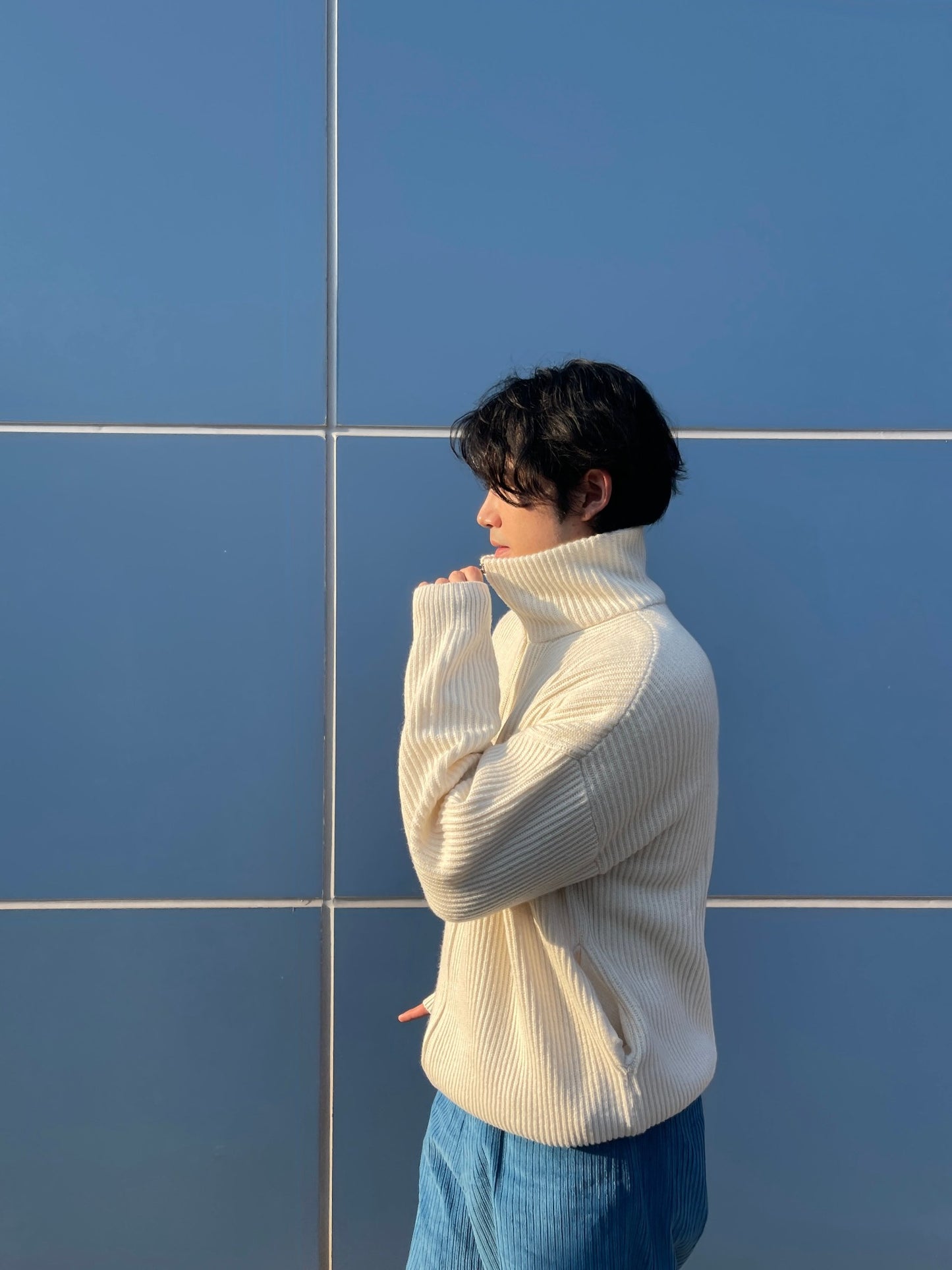 High Neck 2way Zip Up Wool Knit Cream