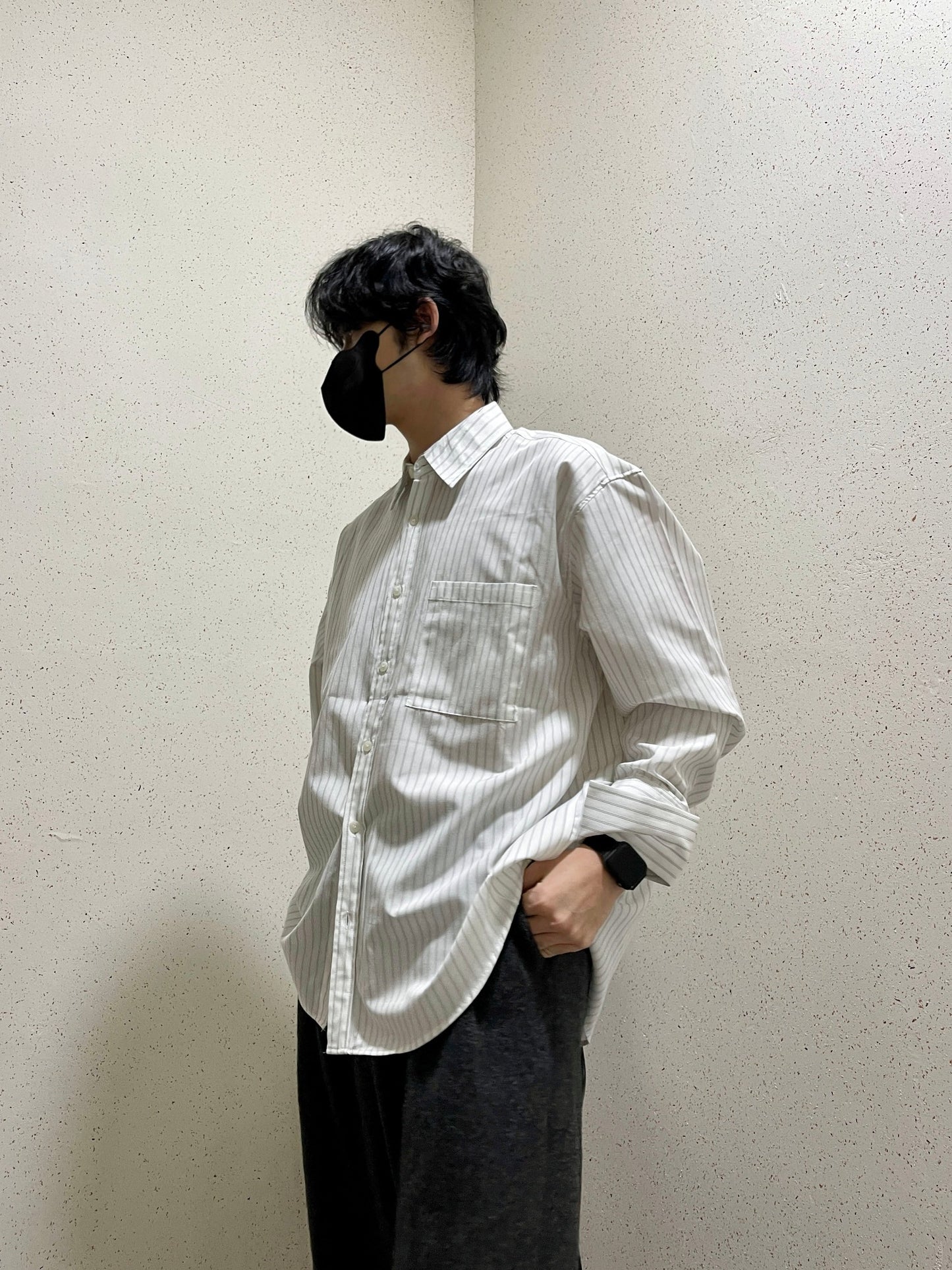 남자오버핏 스트라이프 셔츠 빅사이즈 벌룬핏 긴팔셔츠 화이트 Big Cuffs Balloon Stripe Shirts White