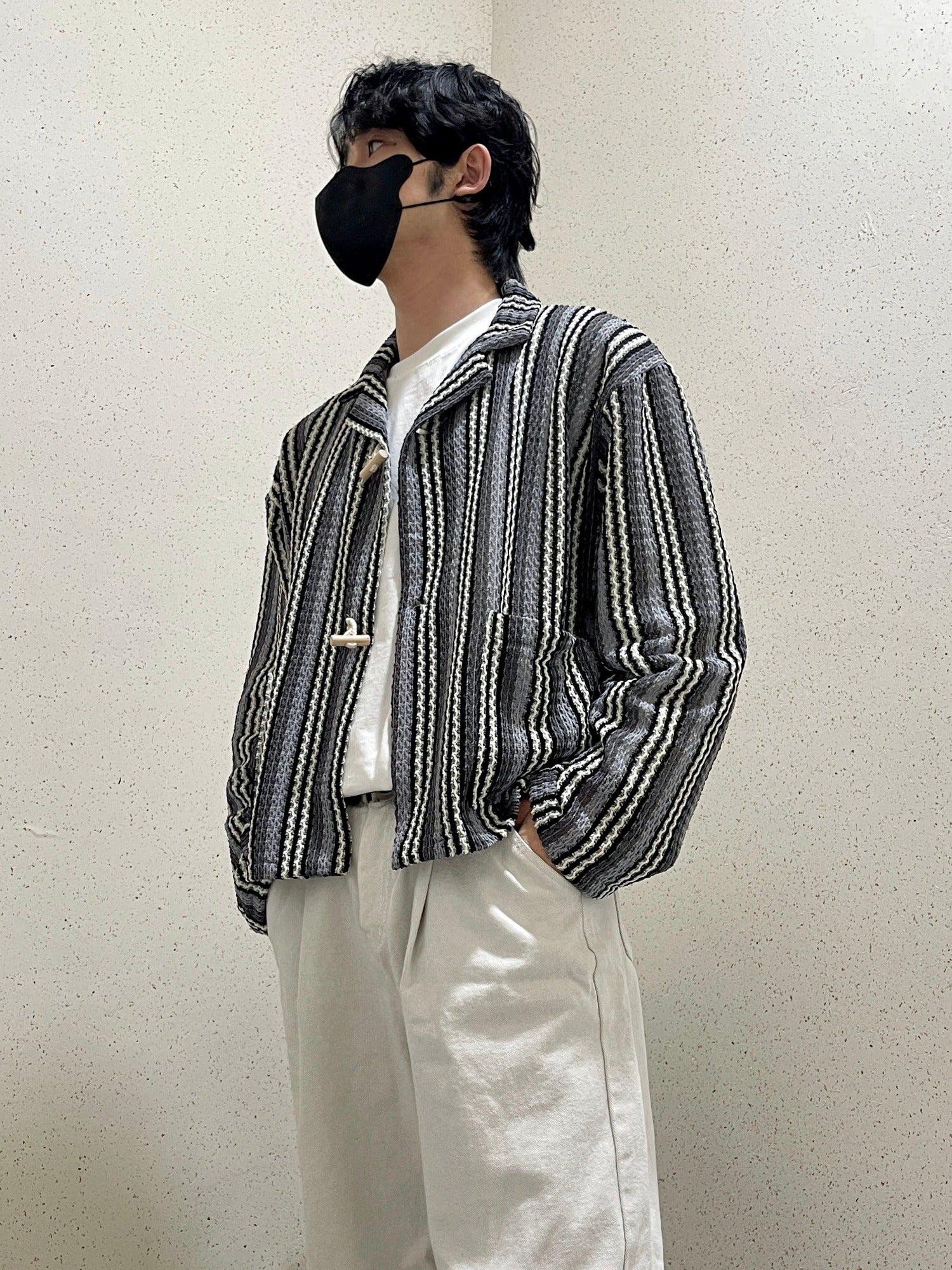 우드 토글 스트라이프 니트 봄 가디건 떡볶이 오버핏 블랙 Toggle Stripe Knit Cardigan Black