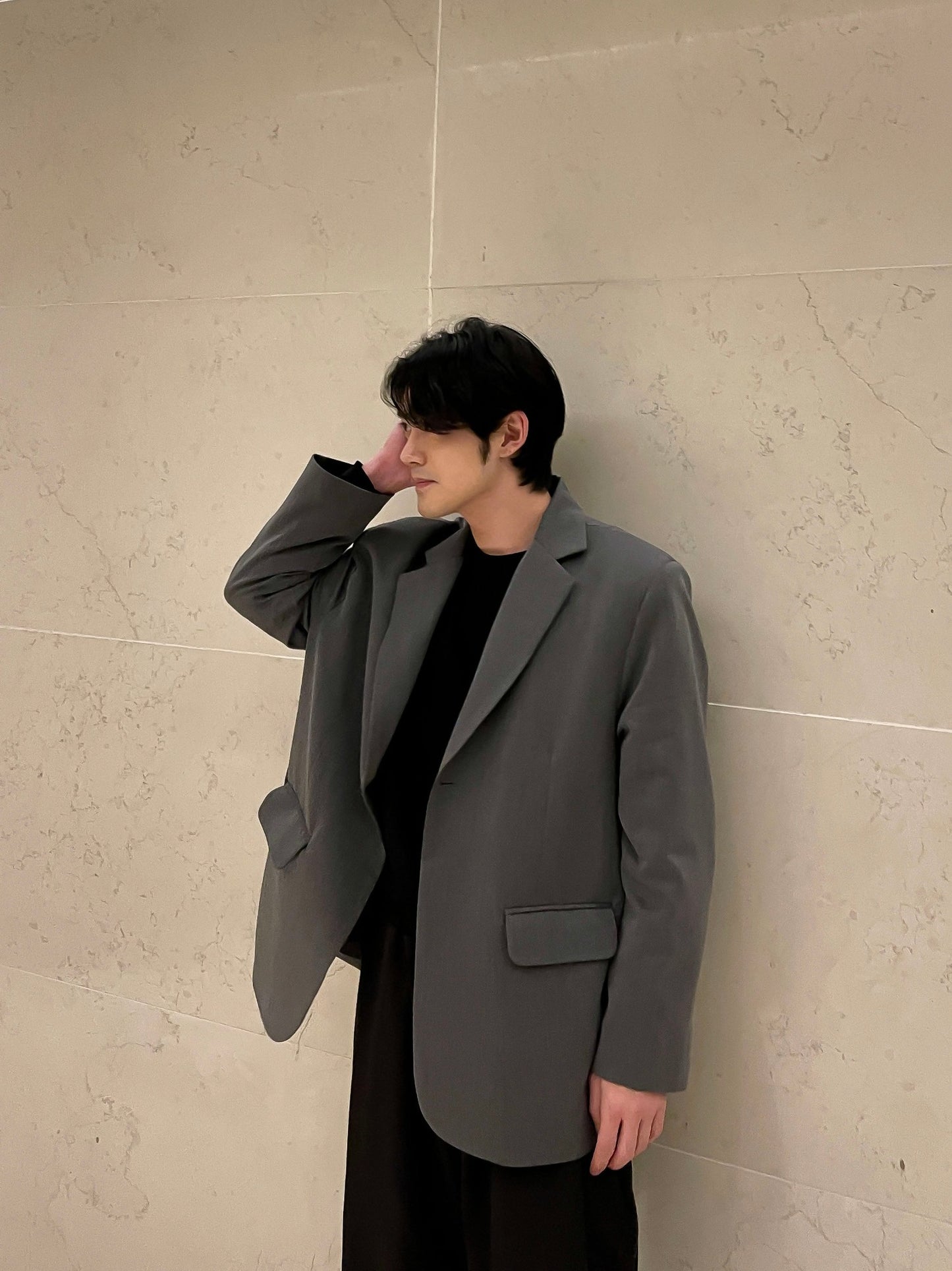 남자 싱글블레이저 오버핏 봄 미니멀룩 그레이 Daddy Single Blazer grey