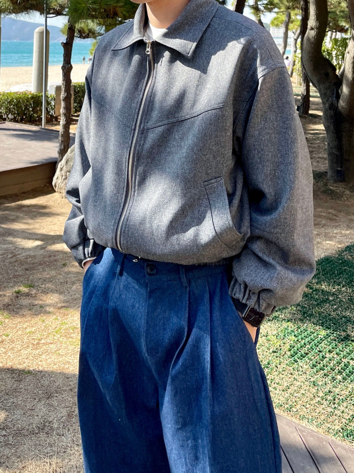 남자숏자켓 오버핏 크롭 봄재킷 미니멀룩 다크그레이 Balloon Crop Jacket darkgrey