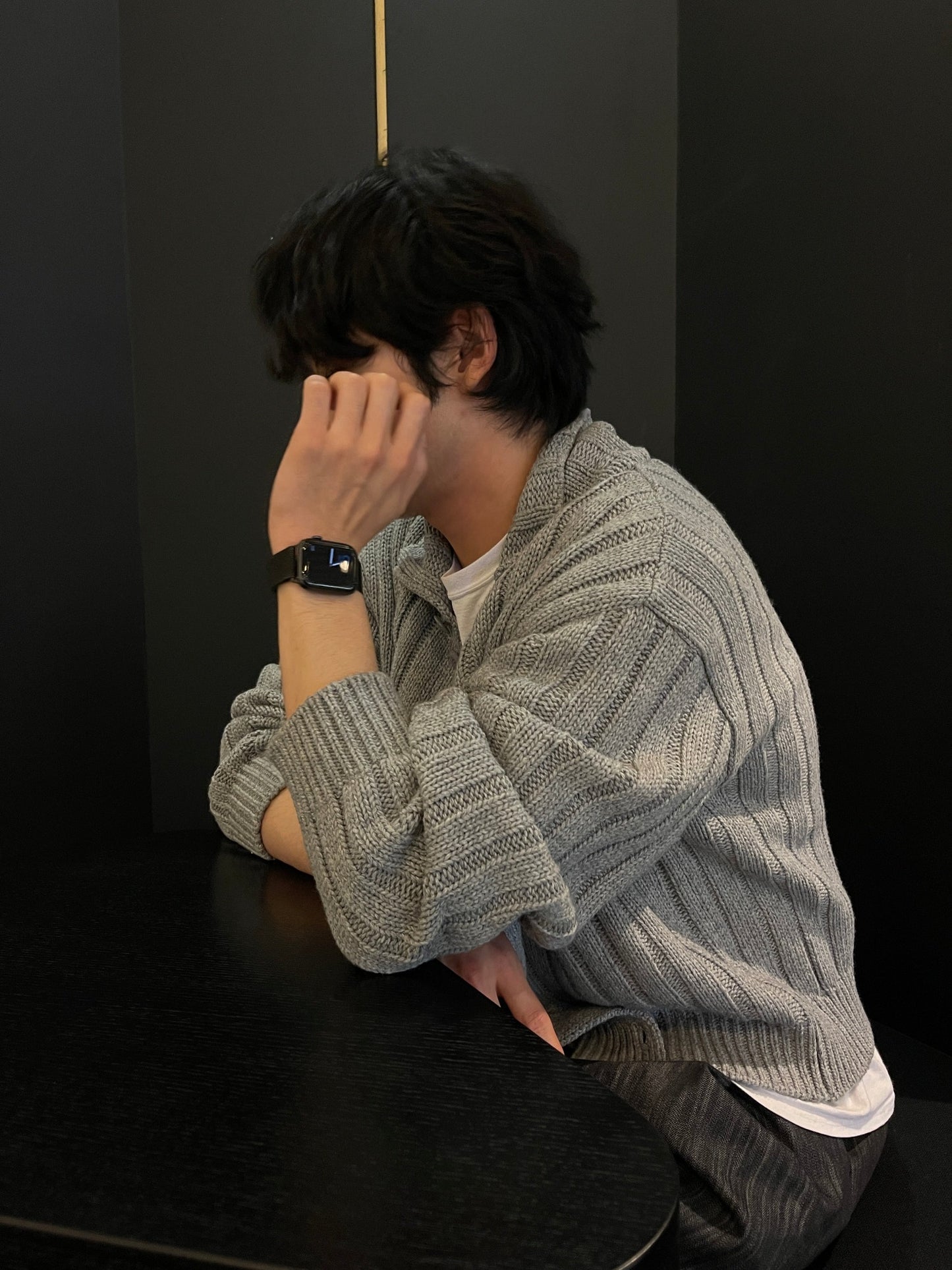 Ribbed Wool Cardigan Jacket Gray