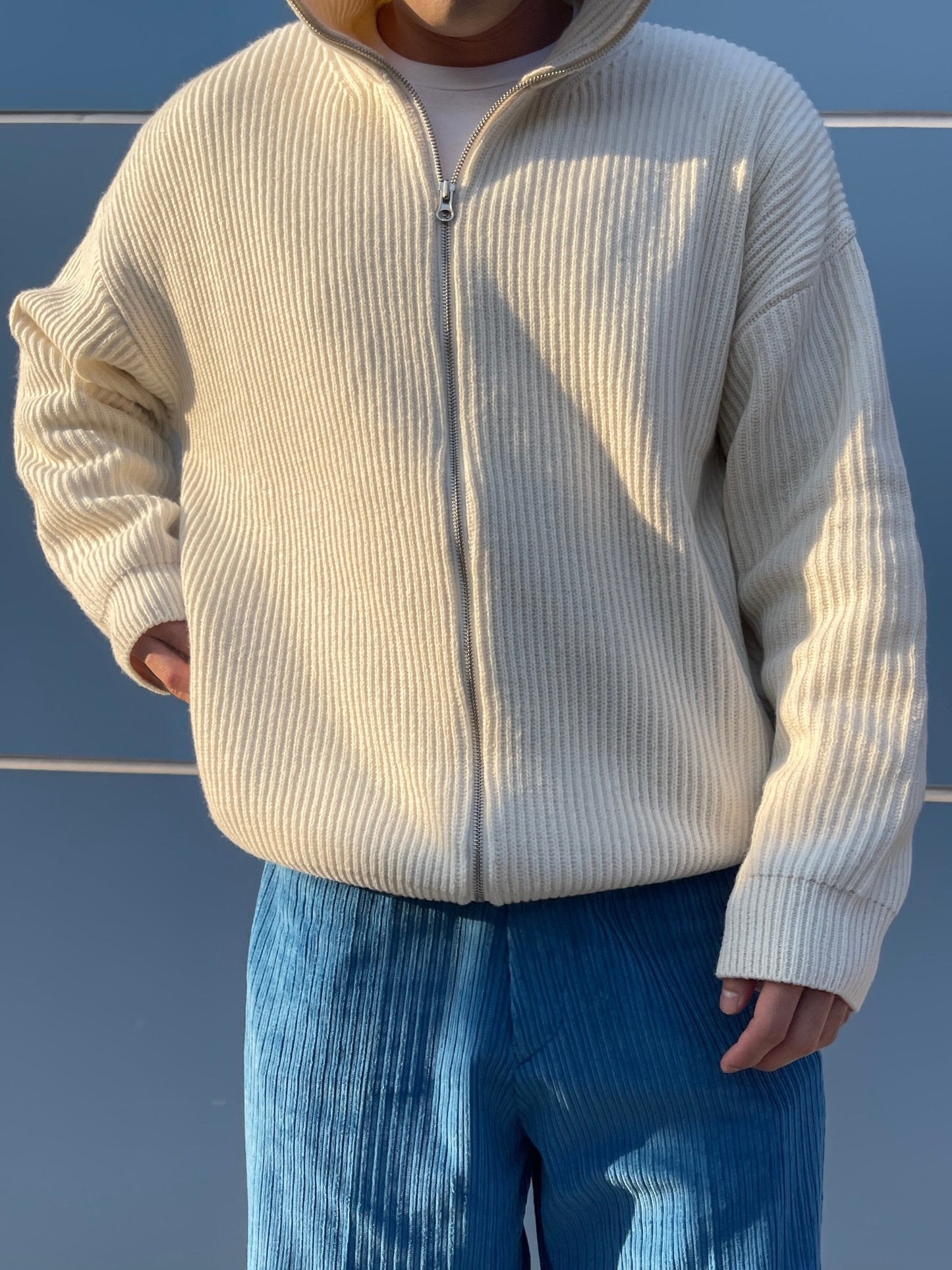 High Neck 2way Zip Up Wool Knit Cream