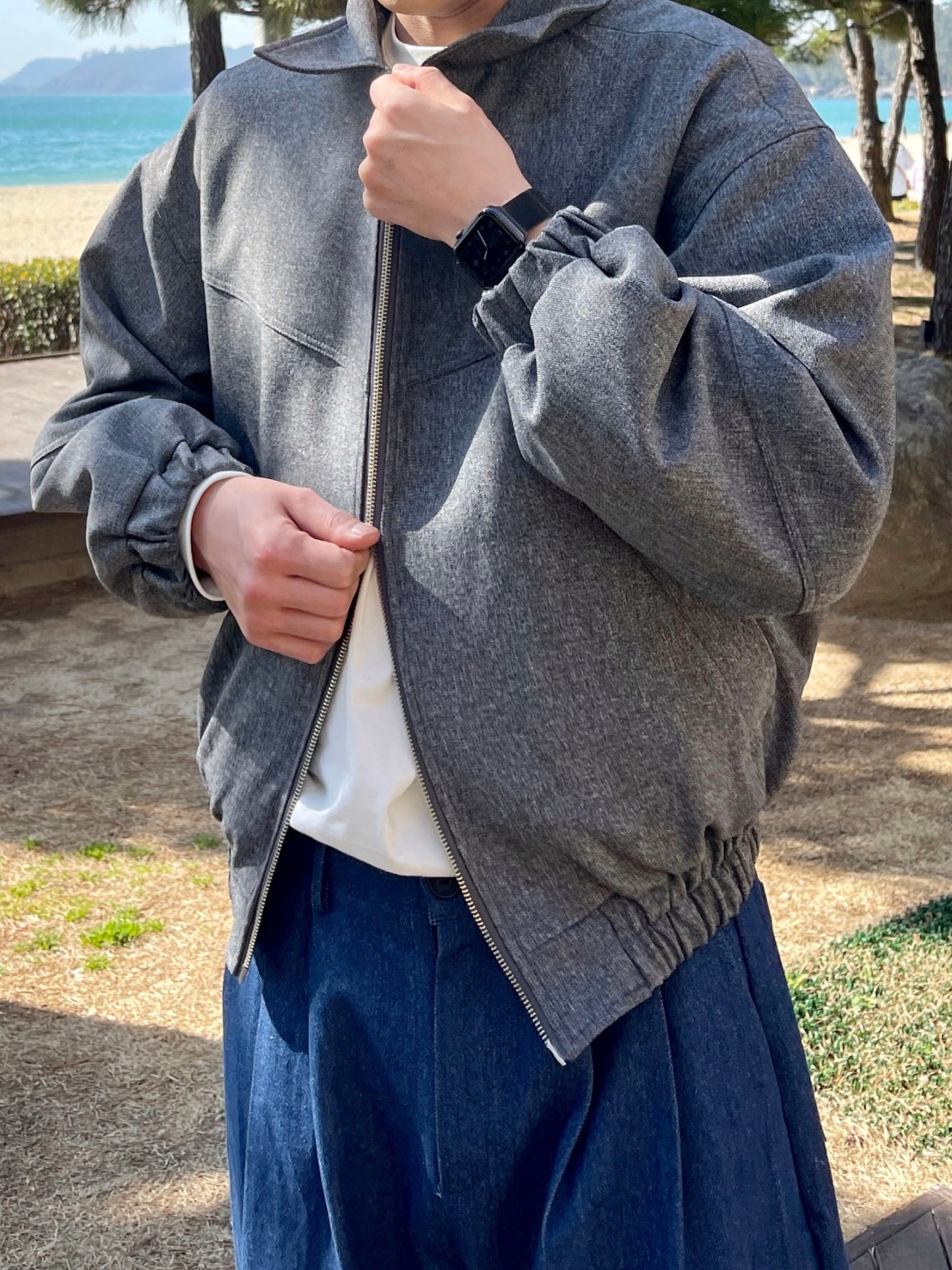남자숏자켓 오버핏 크롭 봄재킷 미니멀룩 다크그레이 Balloon Crop Jacket darkgrey