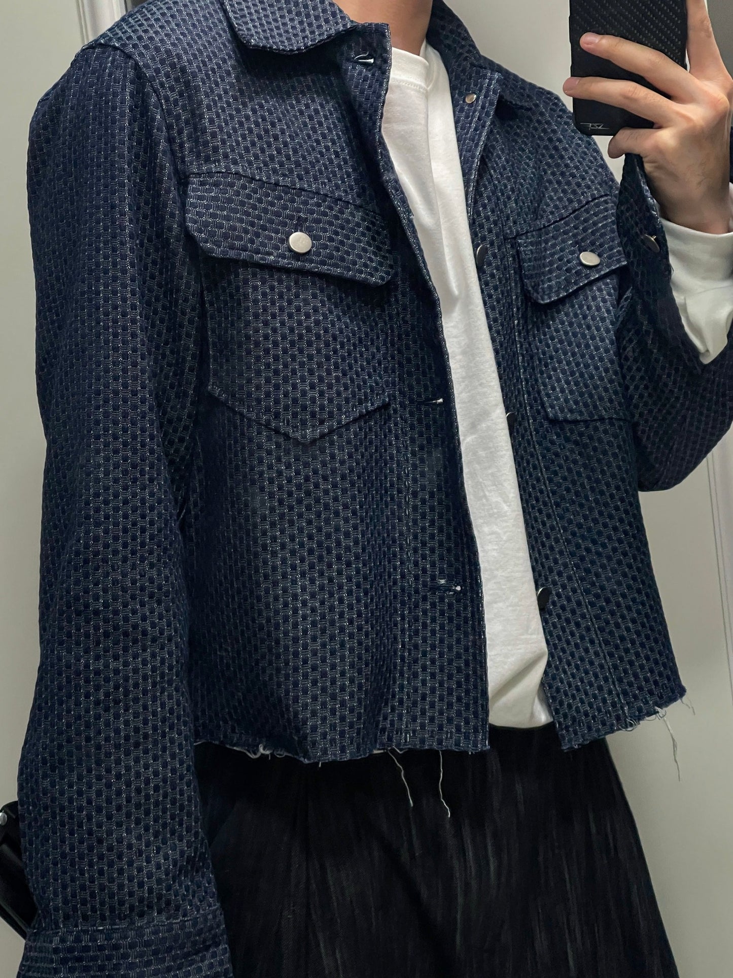Crop Cutting Denim Jacket Dark blue 남자데님자켓 밑단컷팅 크롭자켓 오버핏 진청