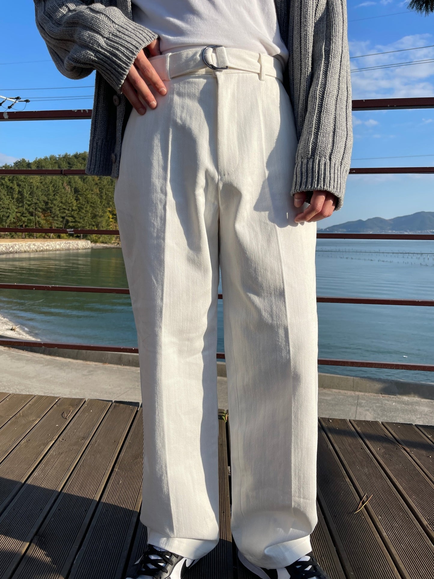 Belted Regular Pants White ivory