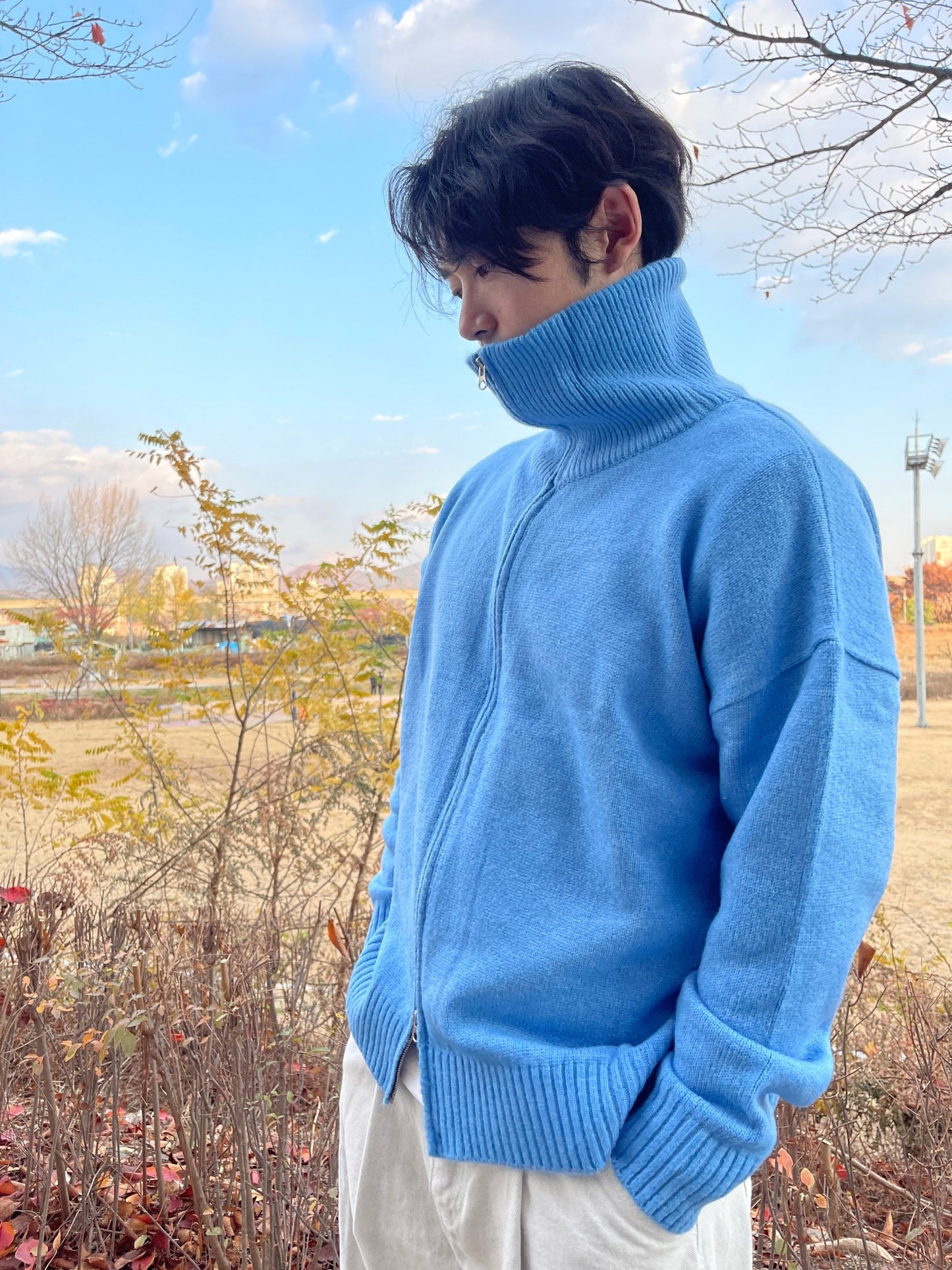 Turtleneck Knit 2way Zipup Skyblue