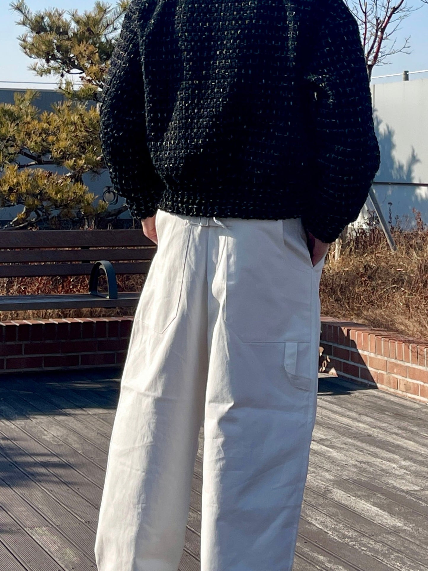 백 버클 퍼티그 와이드 팬츠 유니크 와이드바지 화이트 Back Buckle Fatigue Wide Pants White