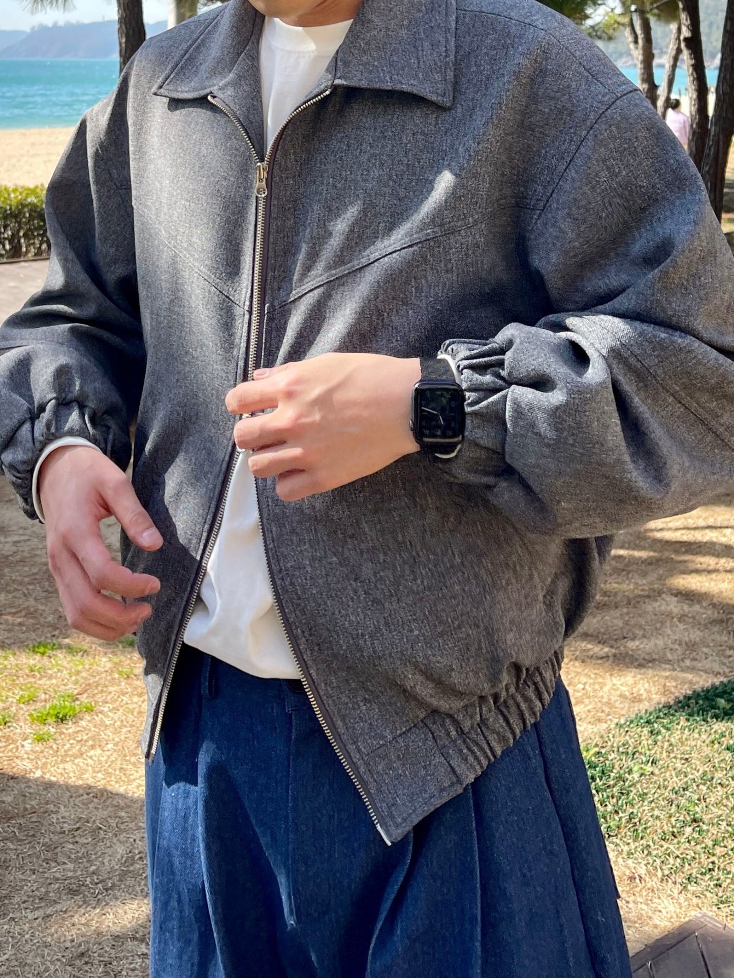 남자숏자켓 오버핏 크롭 봄재킷 미니멀룩 다크그레이 Balloon Crop Jacket darkgrey