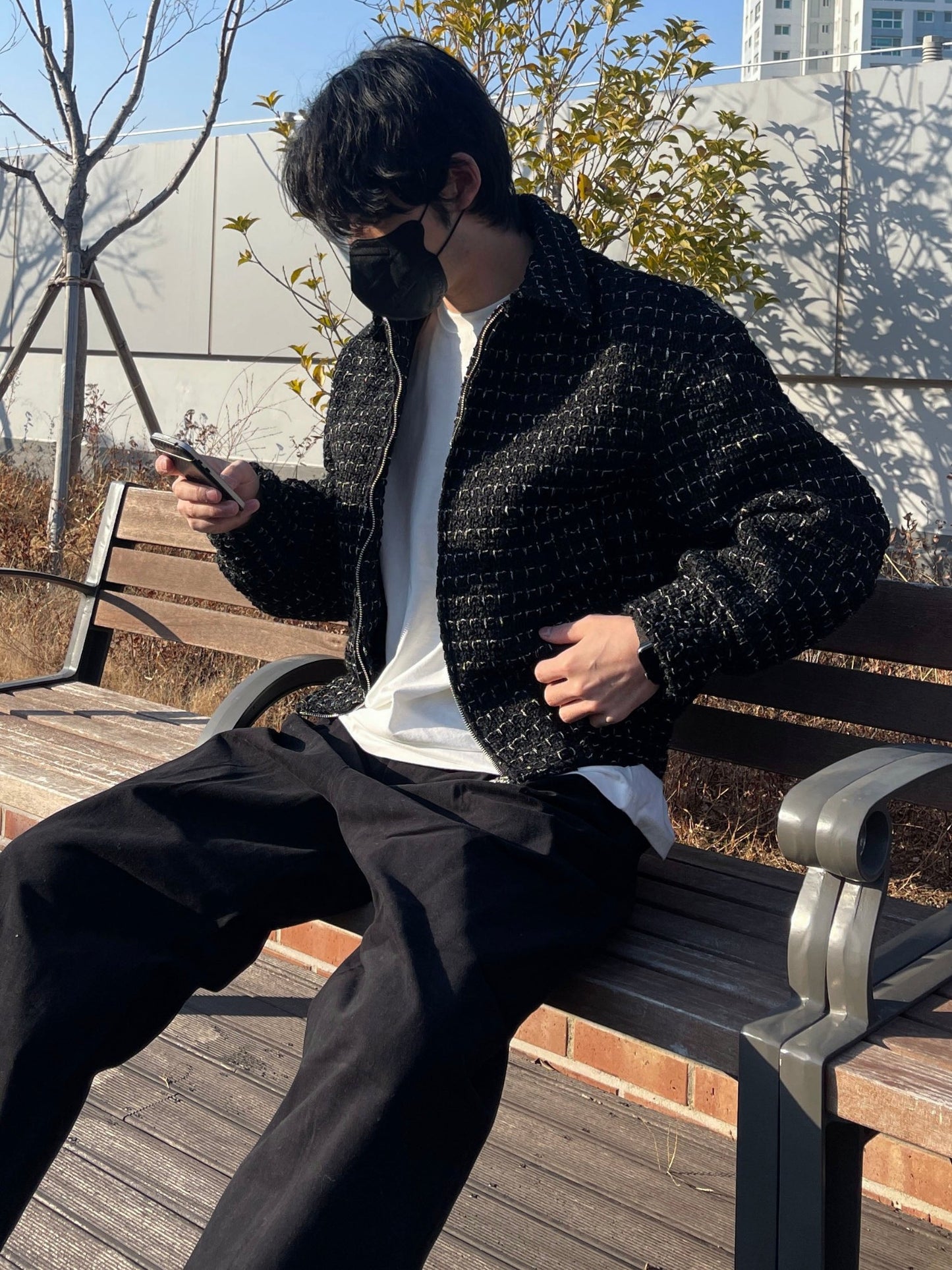 트위드 크롭 오버핏 점퍼 블루종 울 트위드자켓 카라자켓 블랙 Tweed Cropped Wool Jumper Black